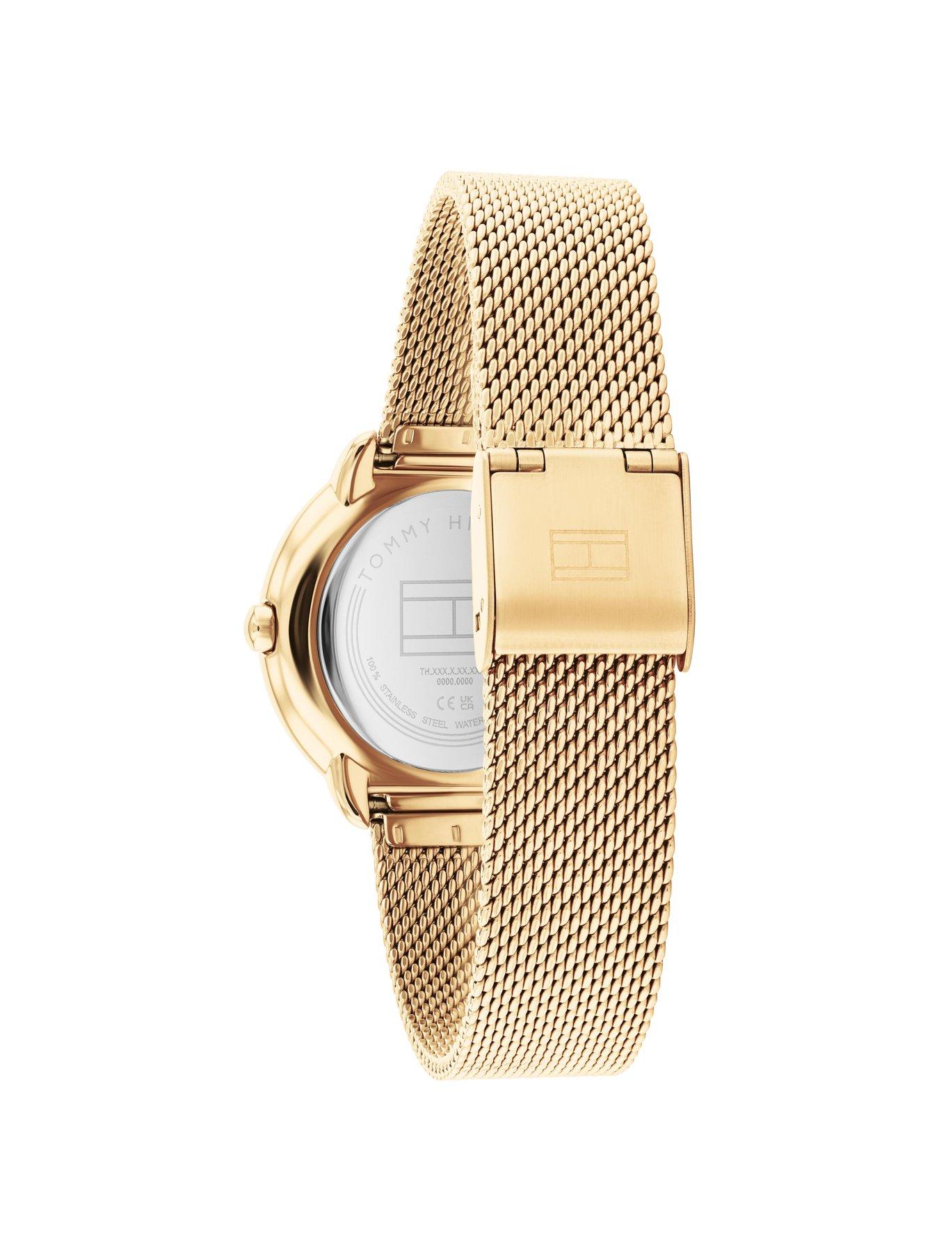  image of tommy-hilfiger-womens-gold-plated-mesh-watch-with-a-crystal-bezel