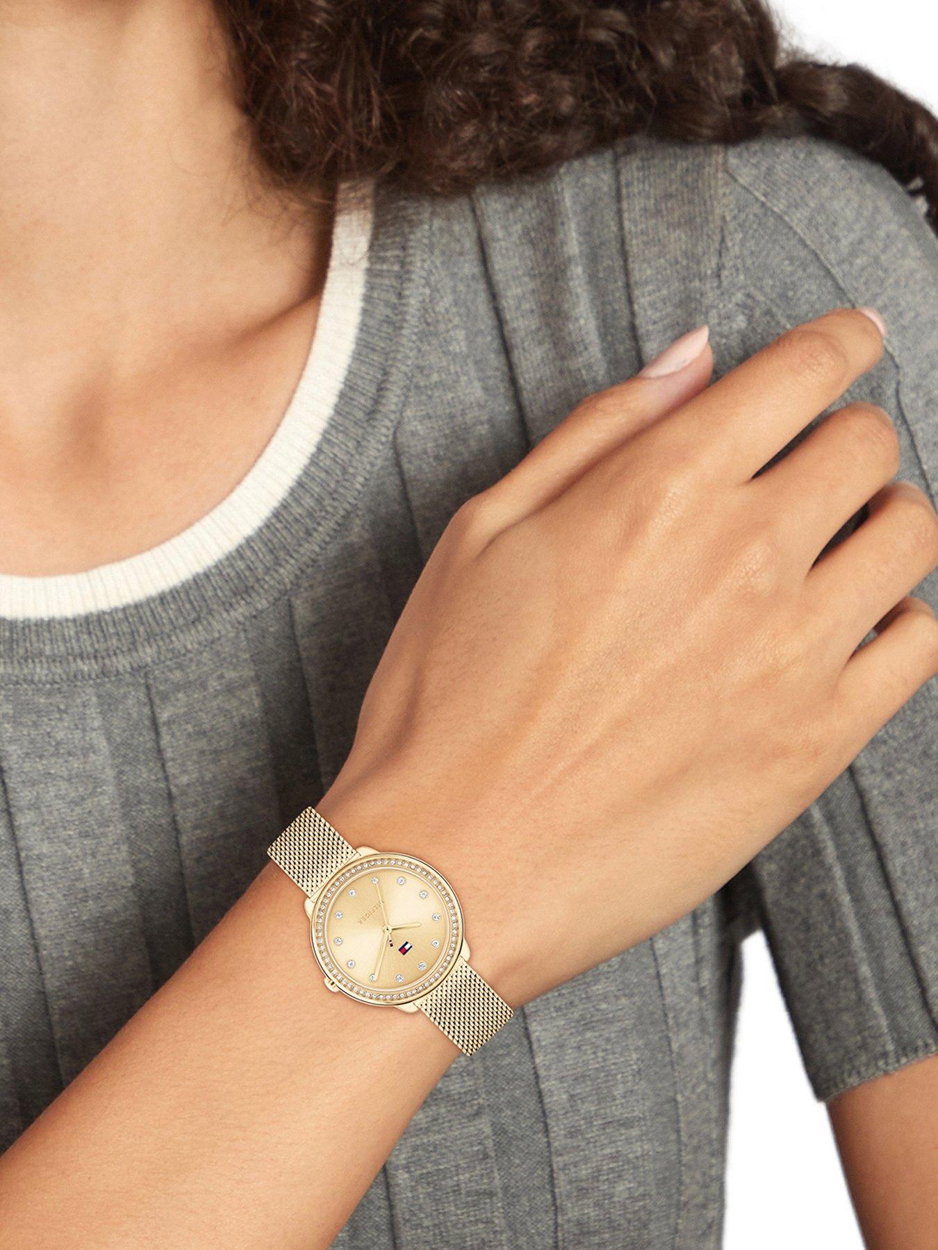  image of tommy-hilfiger-womens-gold-plated-mesh-watch-with-a-crystal-bezel
