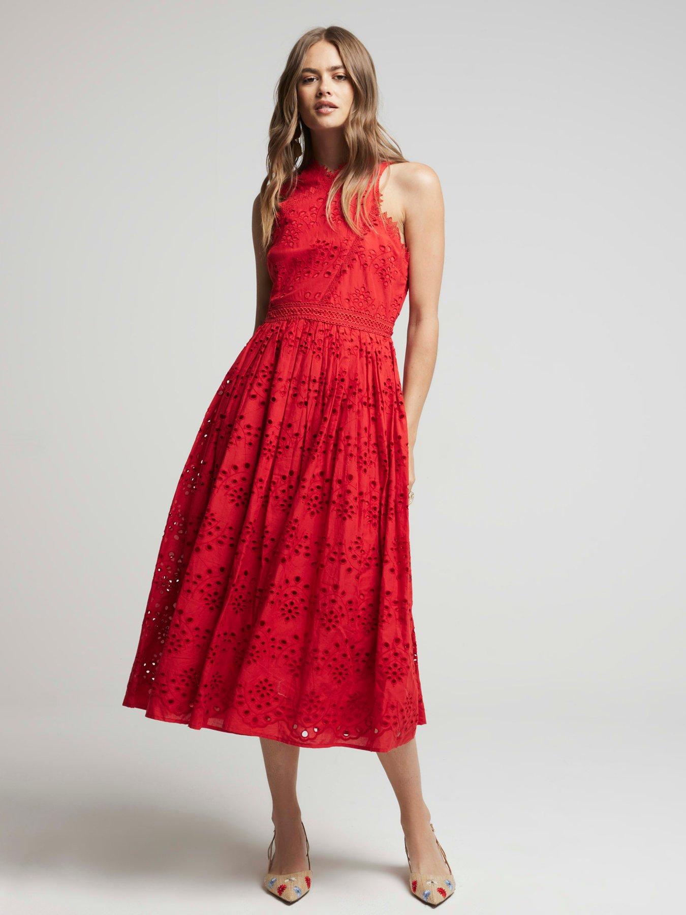 undefined Broidery Detail Halterneck Dress - Red
