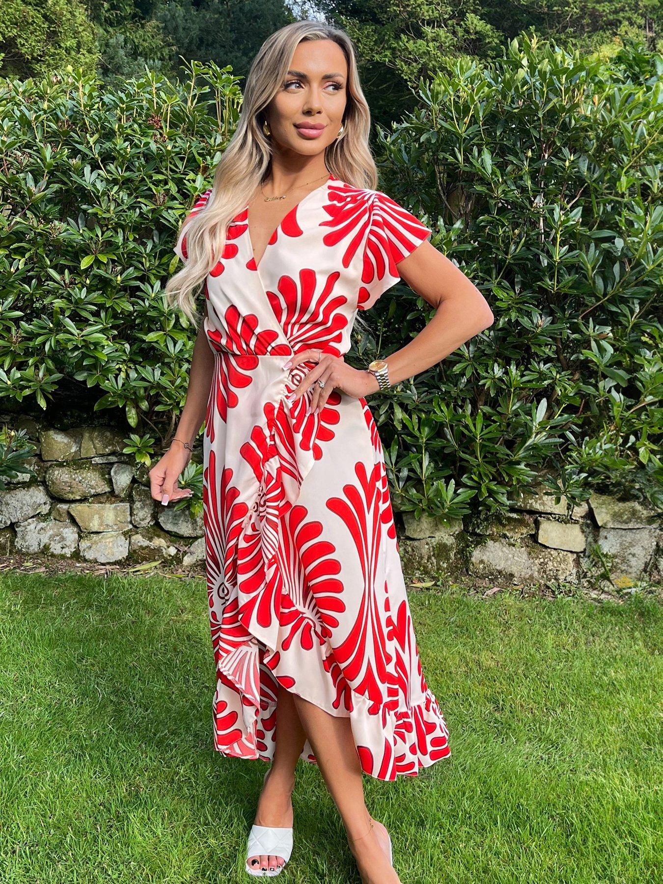 undefined Abstract Print Wrap Over High Low Frill Hem Midi Dress - Burnt Orange