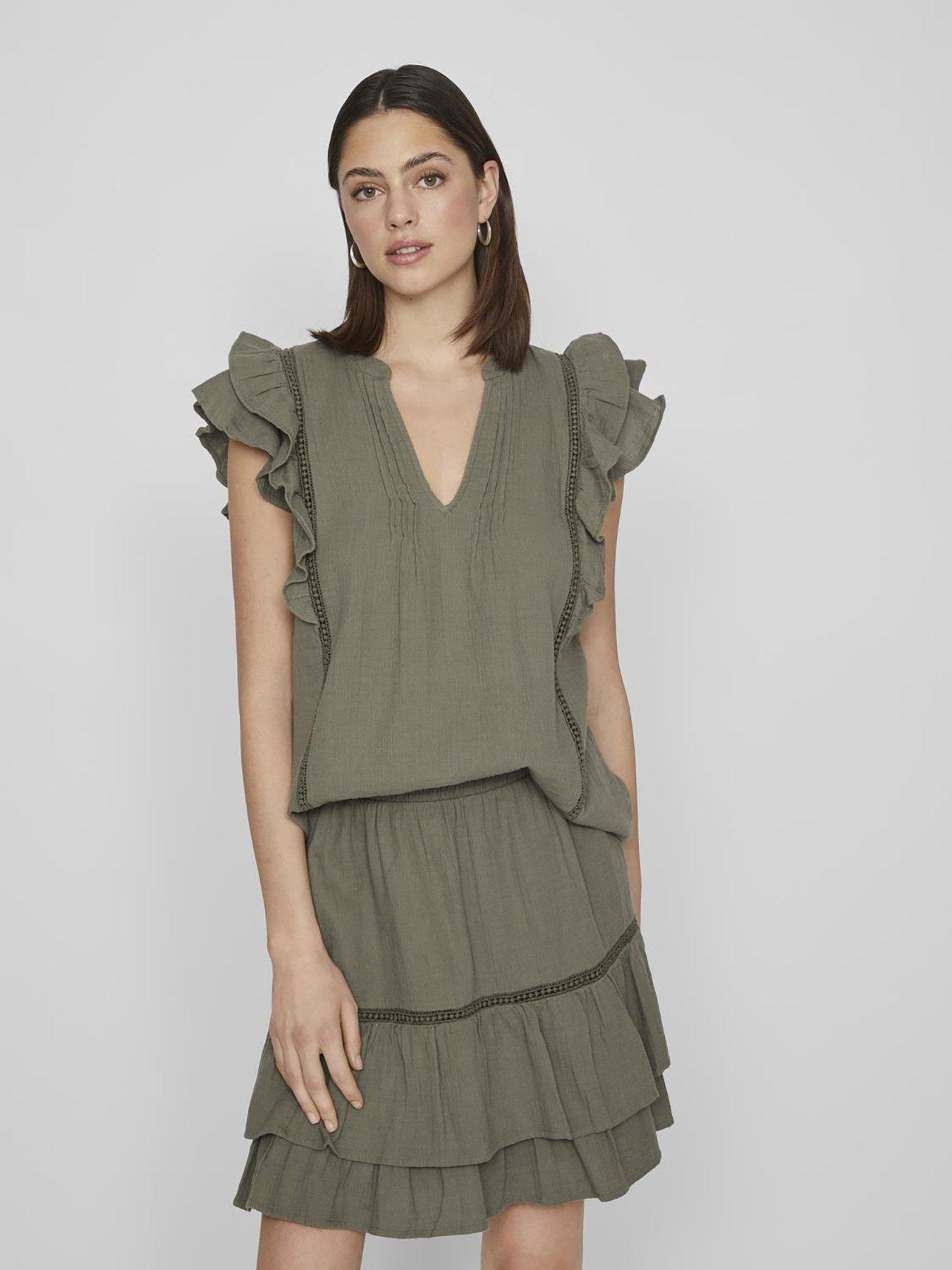 Image 1 of 4 of Vila Sleeveless Flounce Top - Olive
