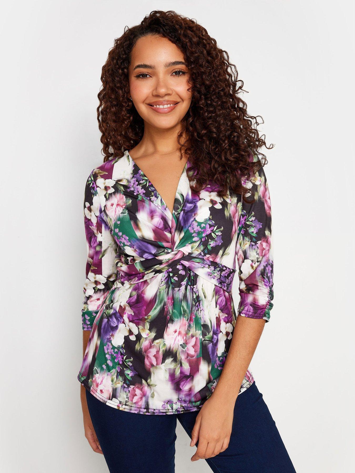 M&Co Navy Floral Twist Front Long Sleeve Top