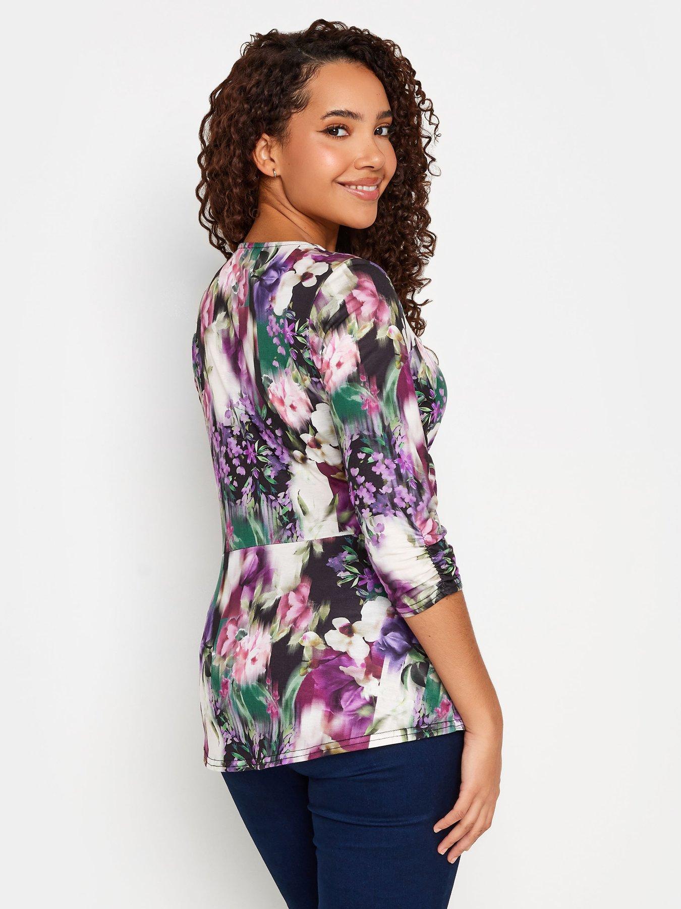 M&Co Navy Floral Twist Front Long Sleeve Top