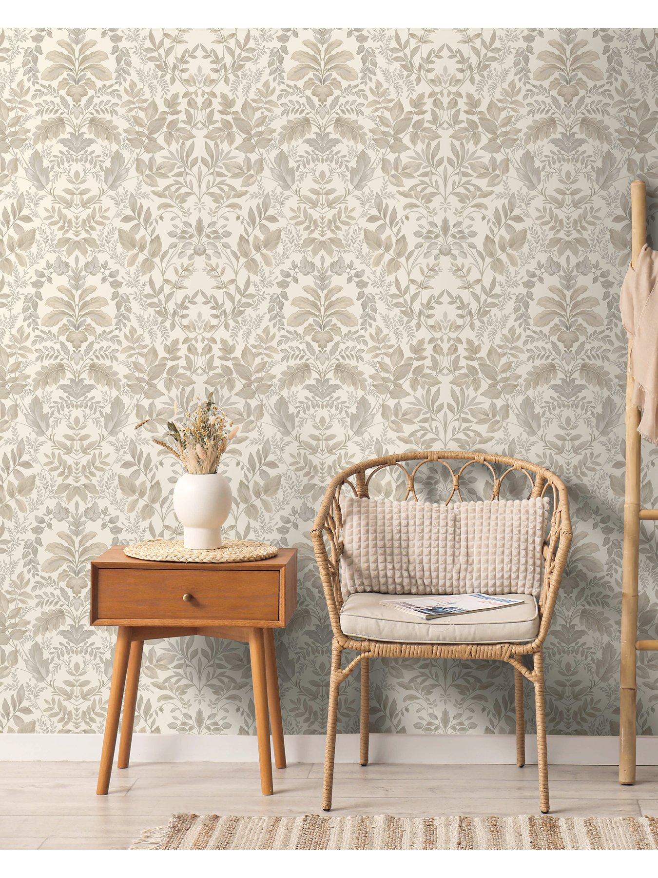  image of holden-decor-leaf-damask-wallpaper-beige