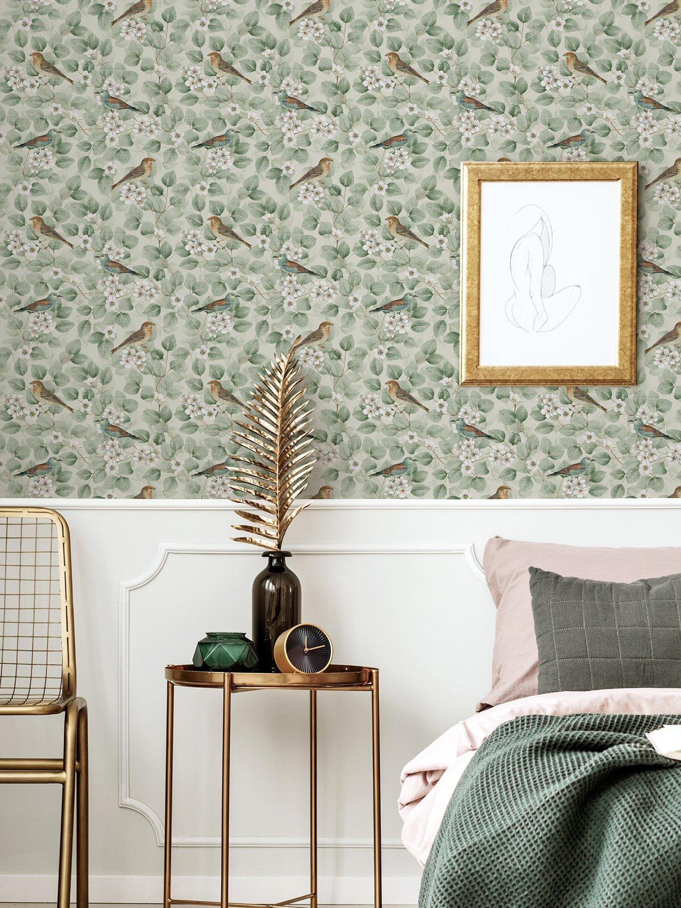  image of arthouse-birds-and-blossoms-wallpaper-green