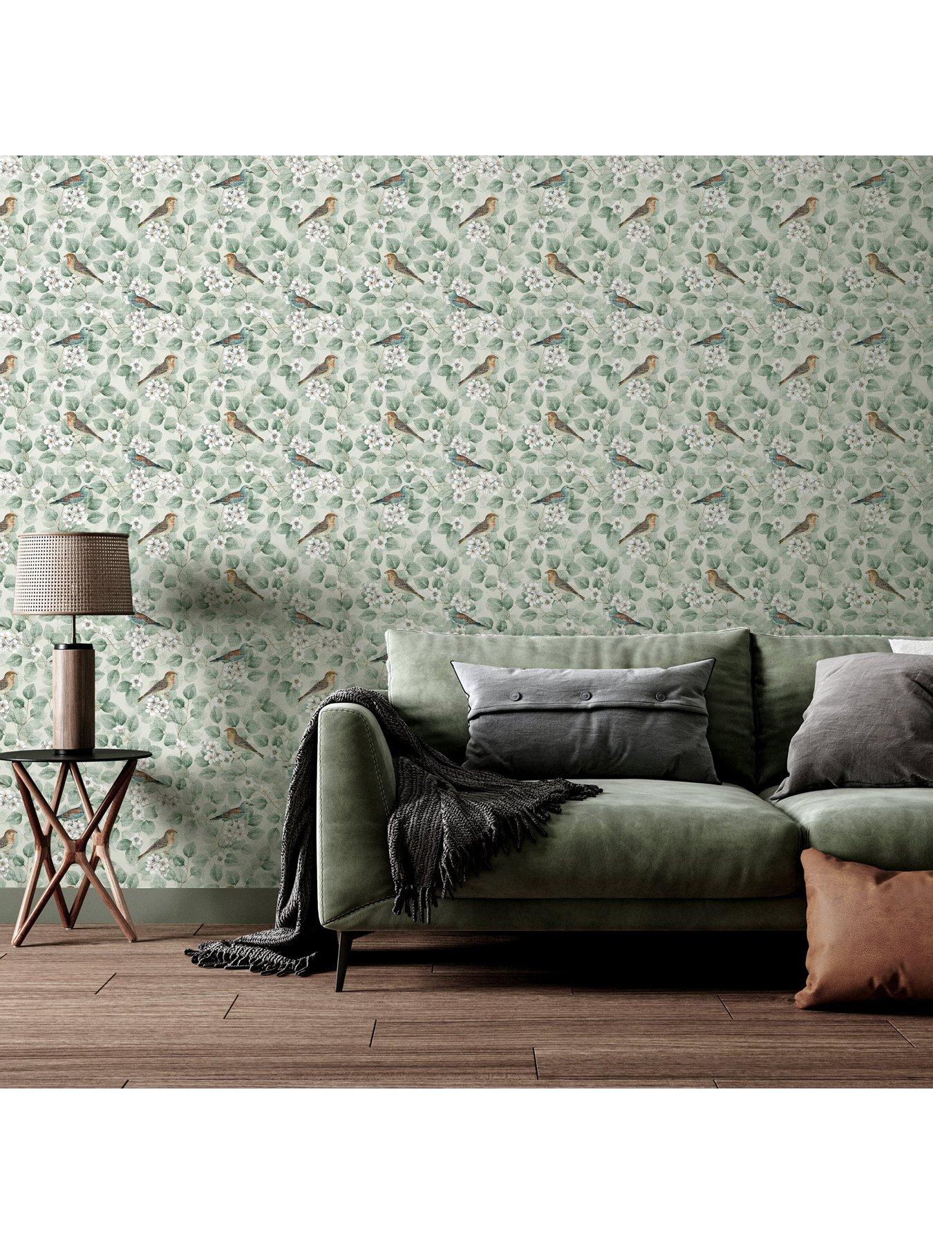  image of arthouse-birds-and-blossoms-wallpaper-green
