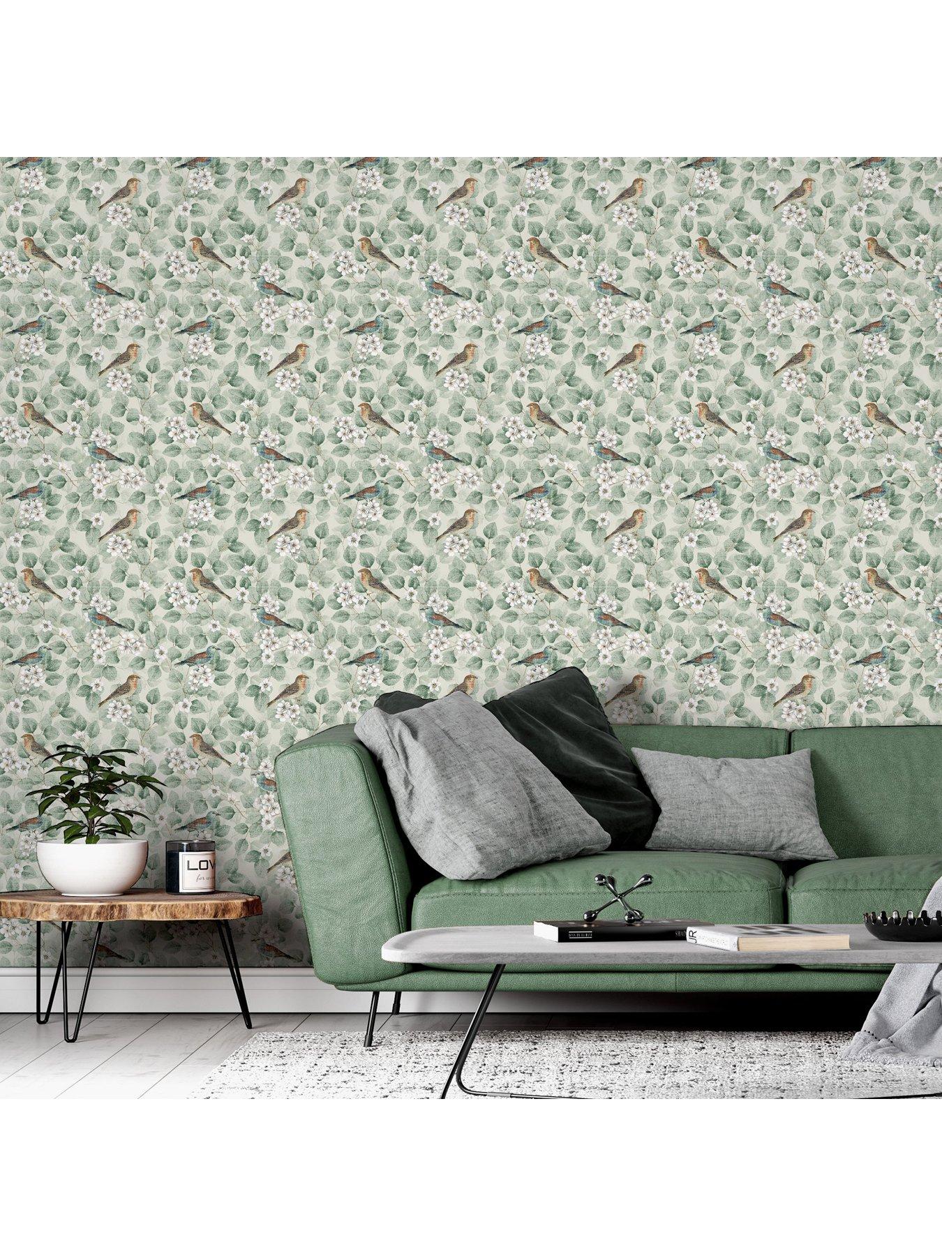  image of arthouse-birds-and-blossoms-wallpaper-green