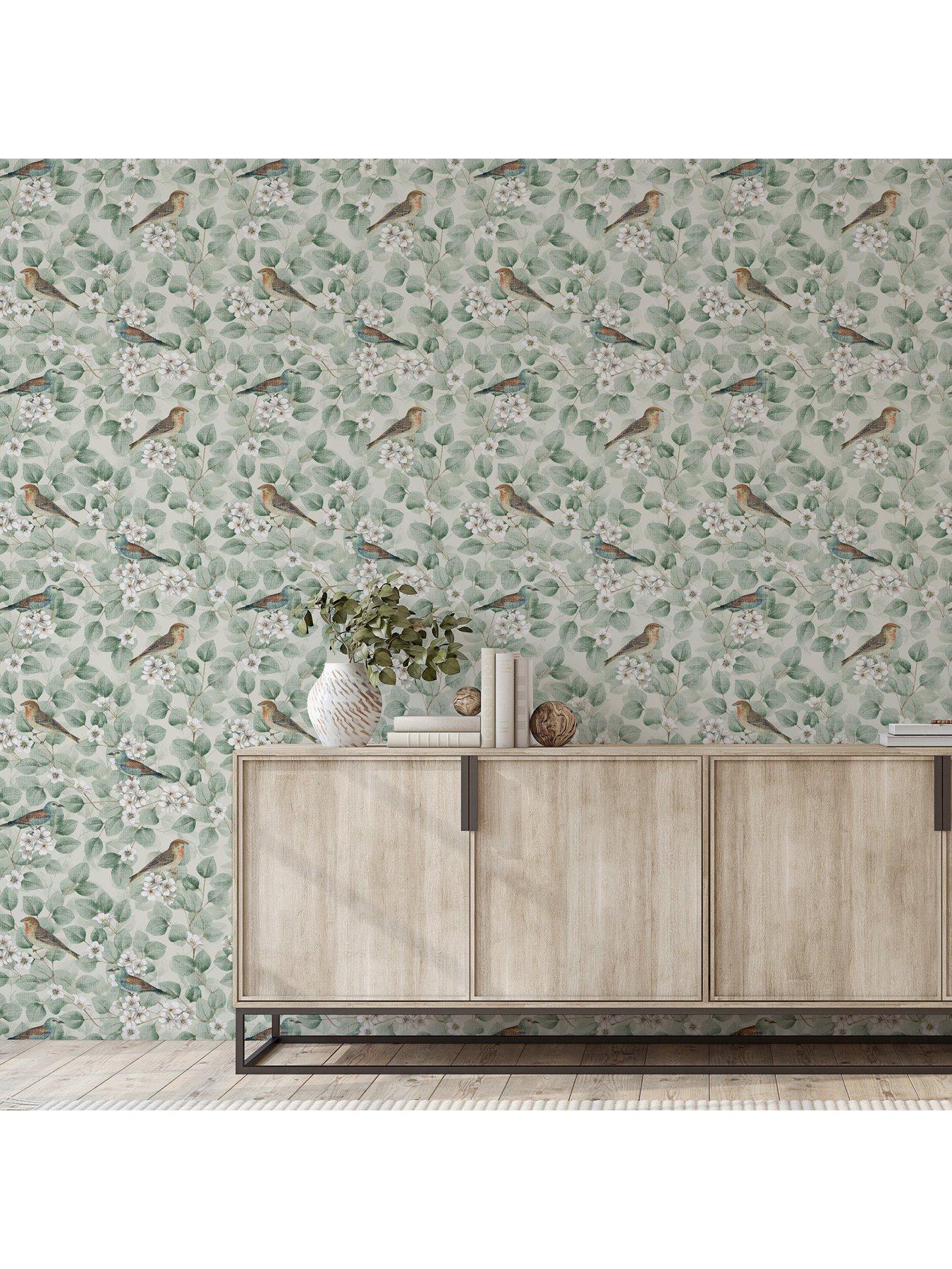  image of arthouse-birds-and-blossoms-wallpaper-green