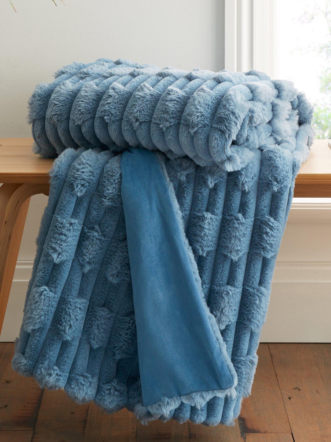 Bianca Carved Faux Fur Cosy Throw in Blue 150x200cm
