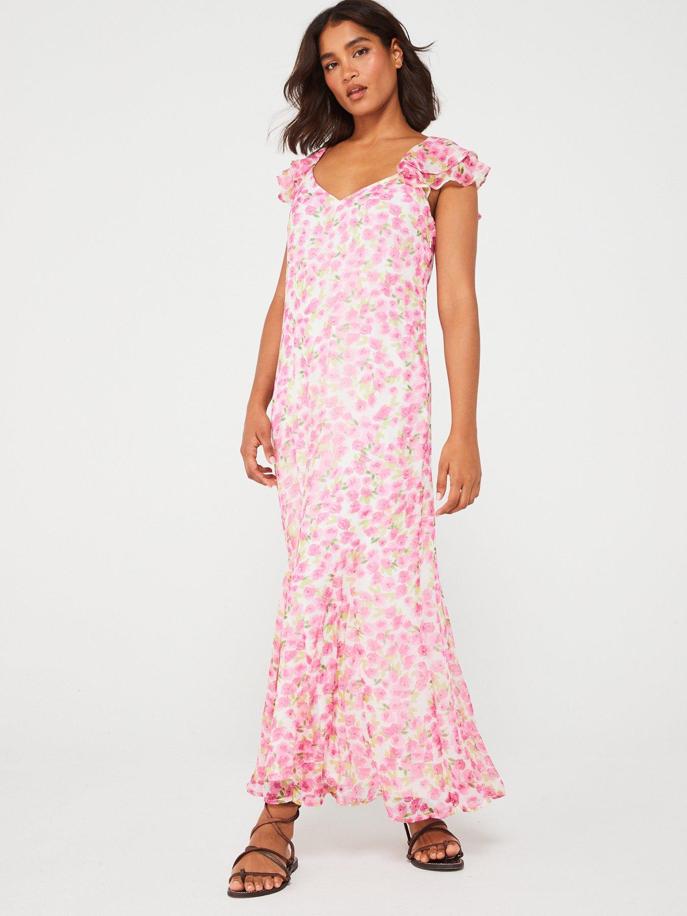 undefined Frill Sleeve Maxi Dress - White/Pink