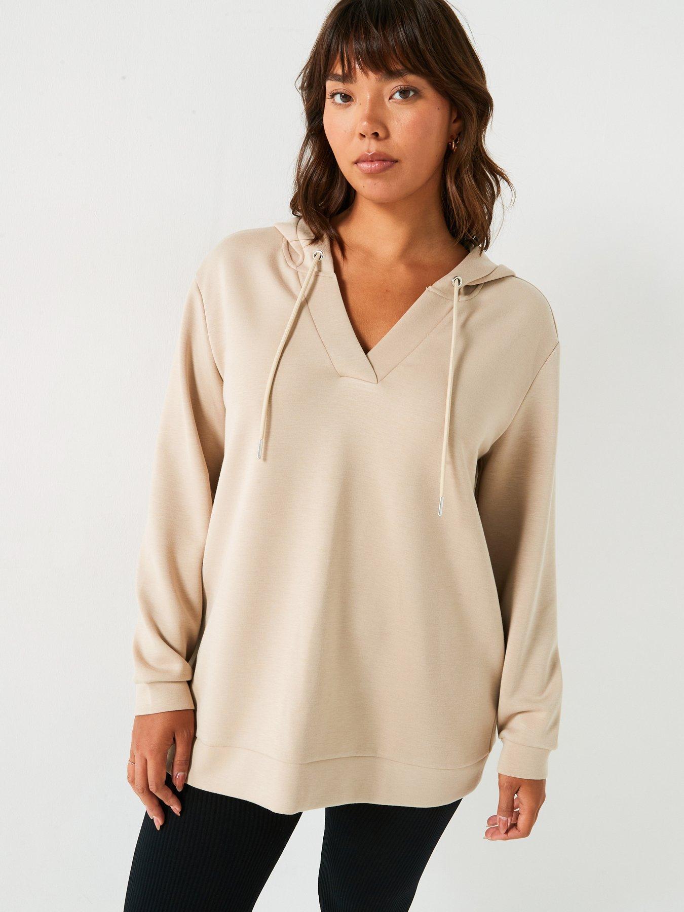  image of v-by-very-curve-v-neck-longline-hoodie-beige