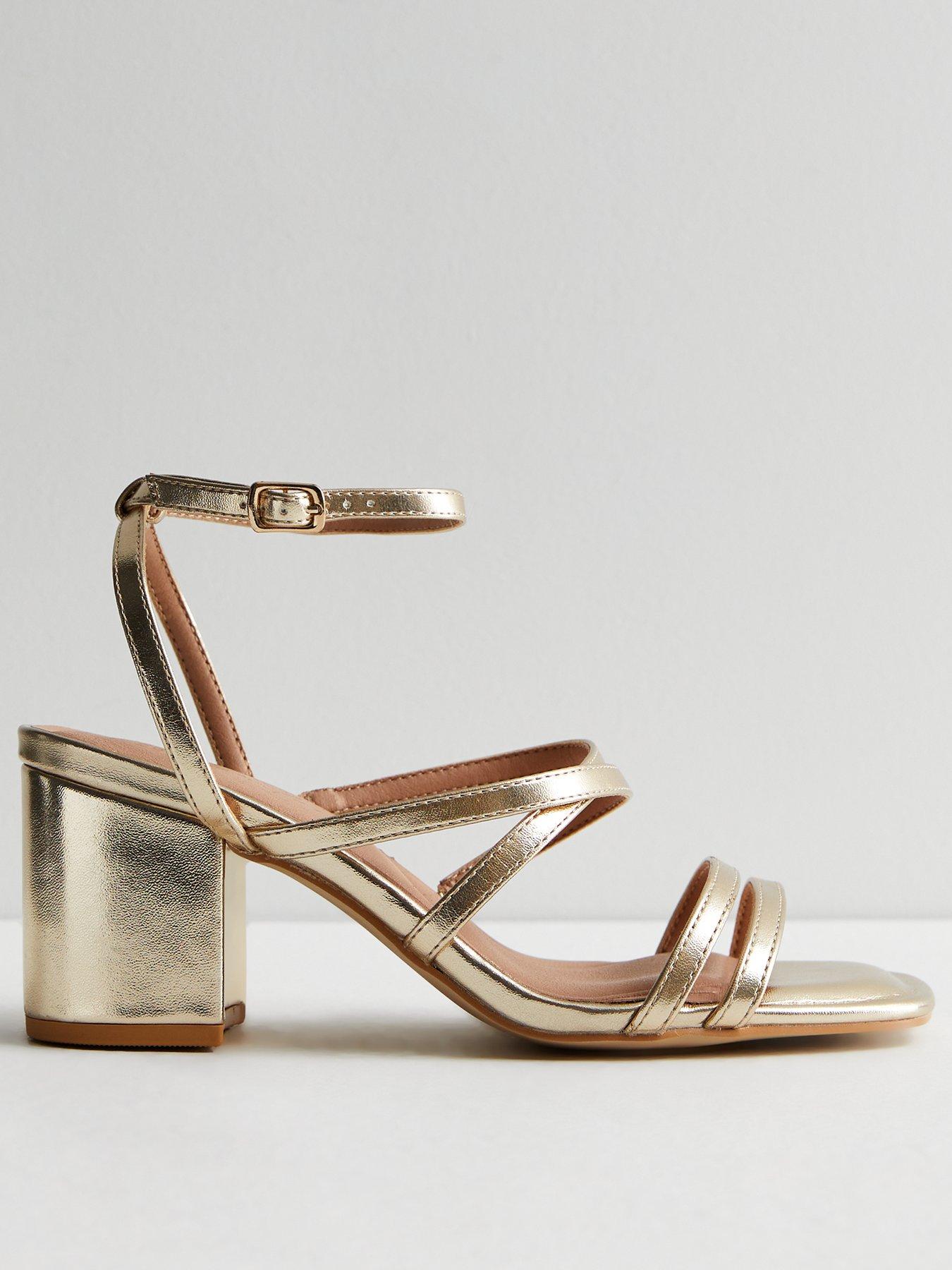 Extra Wide Fit Gold Strappy Mid Block Heel Sandals