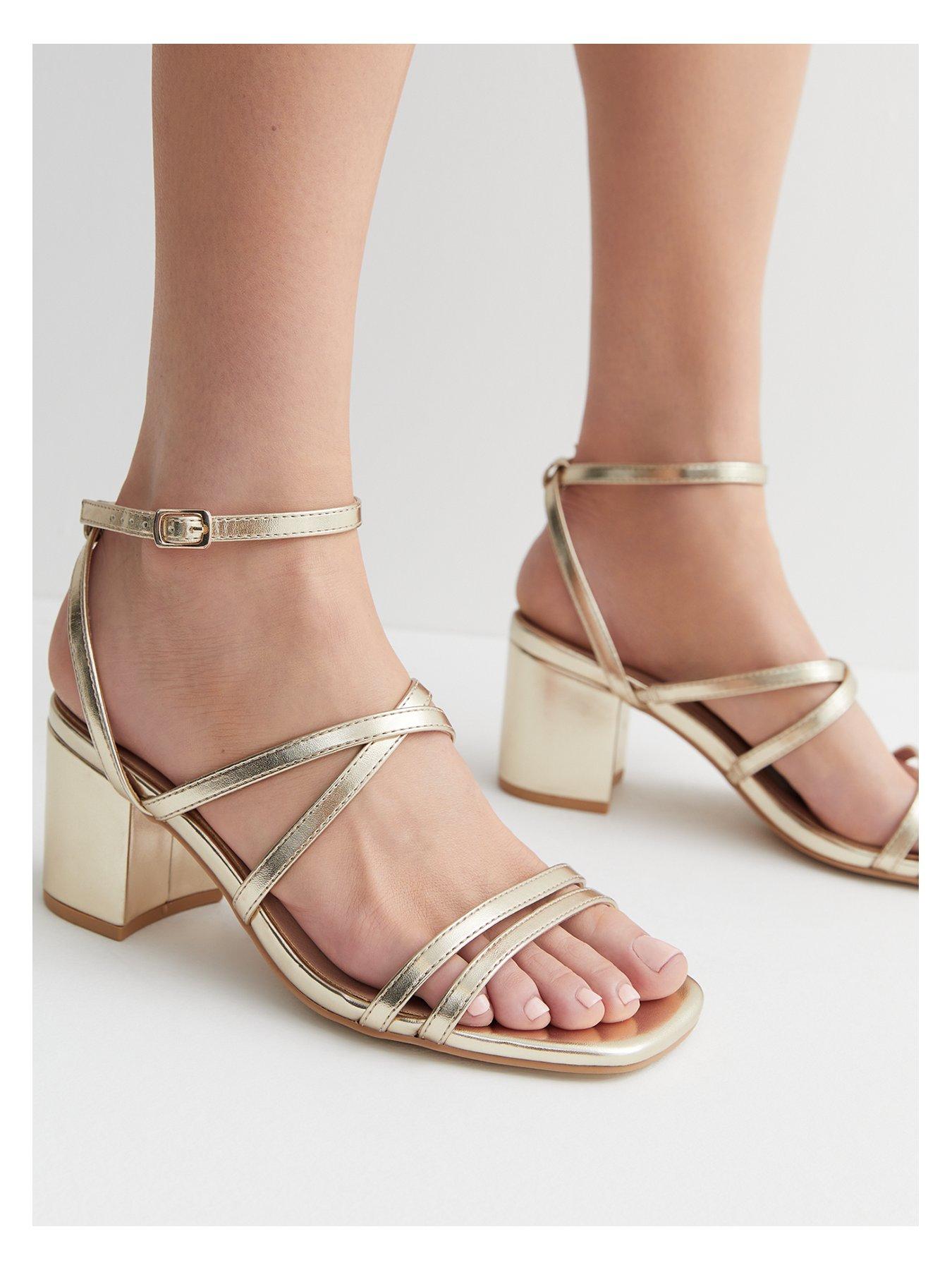 Extra Wide Fit Gold Strappy Mid Block Heel Sandals