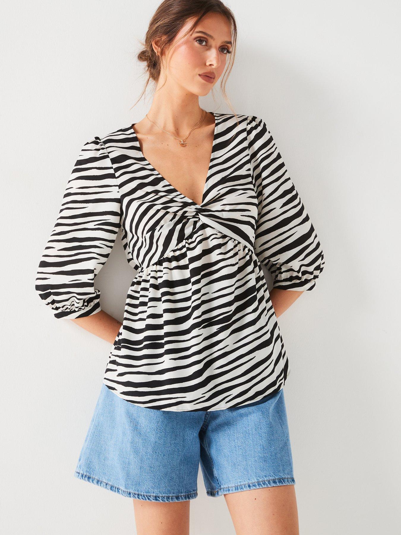 undefined Animal Print Twist Front Blouse - Mono Stripe