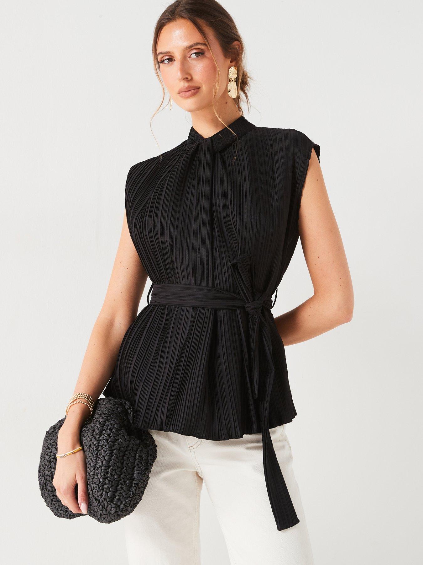 undefined Plisse Tie Waist Blouse - Black