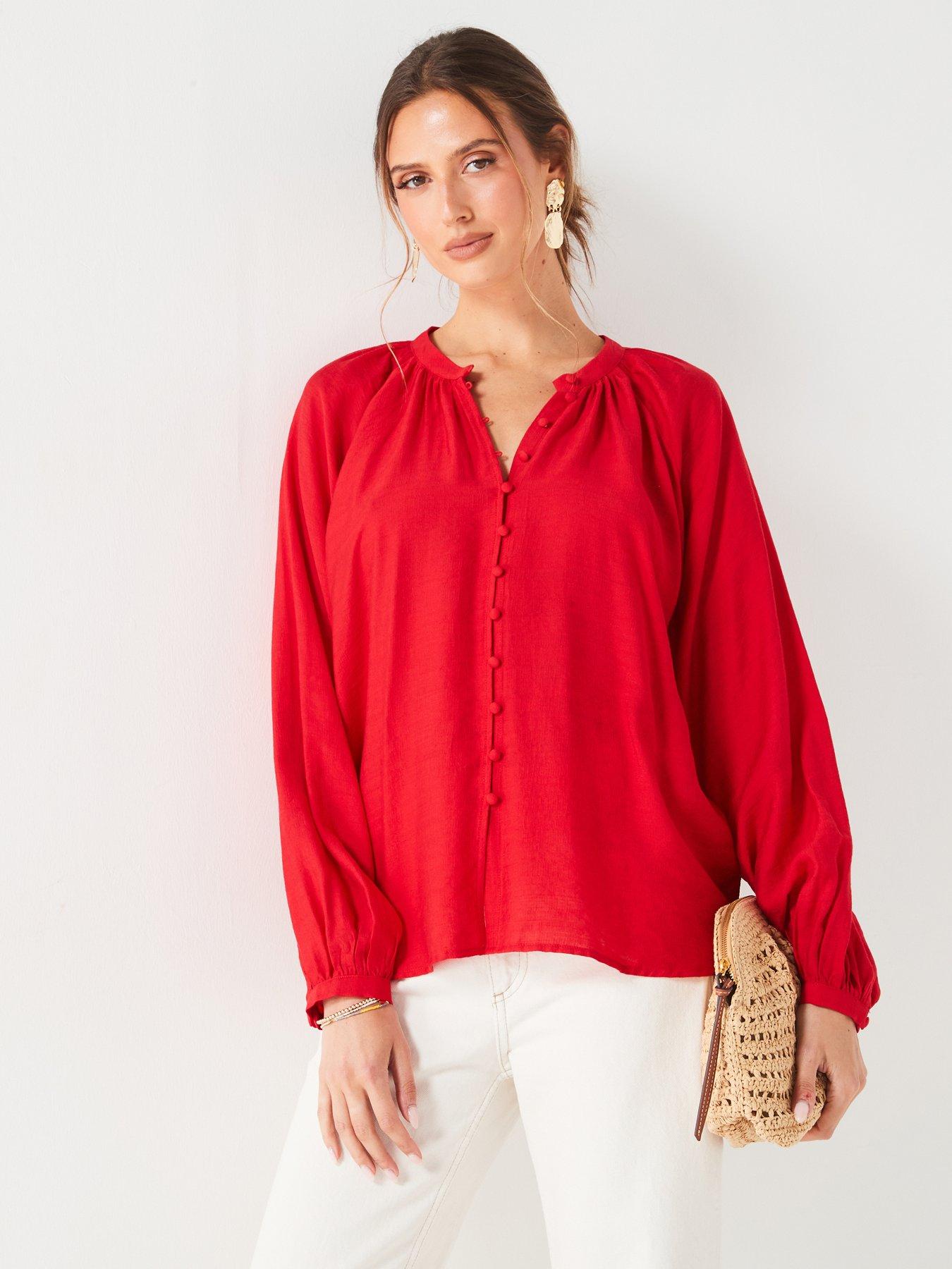 undefined Textured Balloon Sleeve Blouse - Red