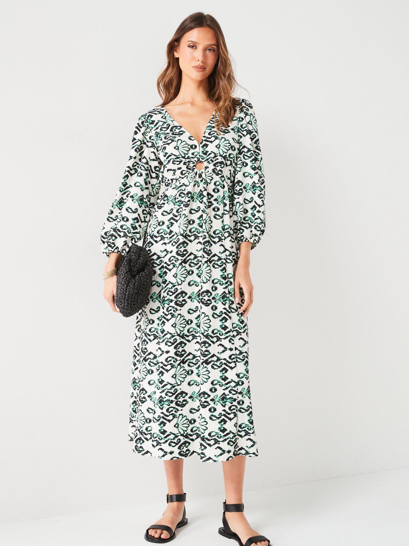 undefined Balloon Sleeve Cut Out Midi Dress - Multi