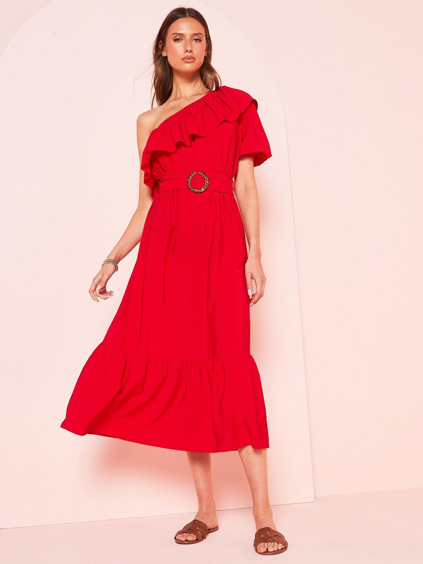 undefined One Shoulder Frill Midi Dress - Red
