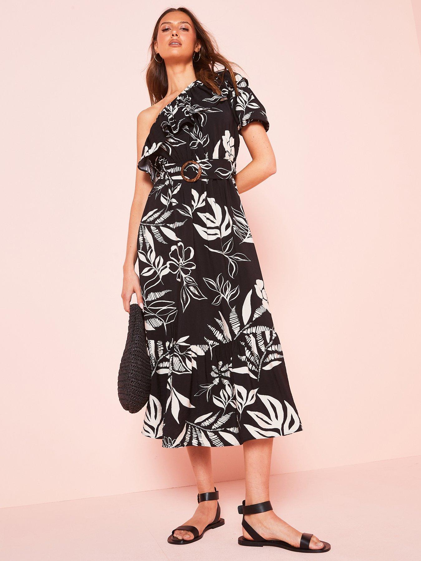 undefined Printed One Shoulder Frill Midi Dress - Black/White