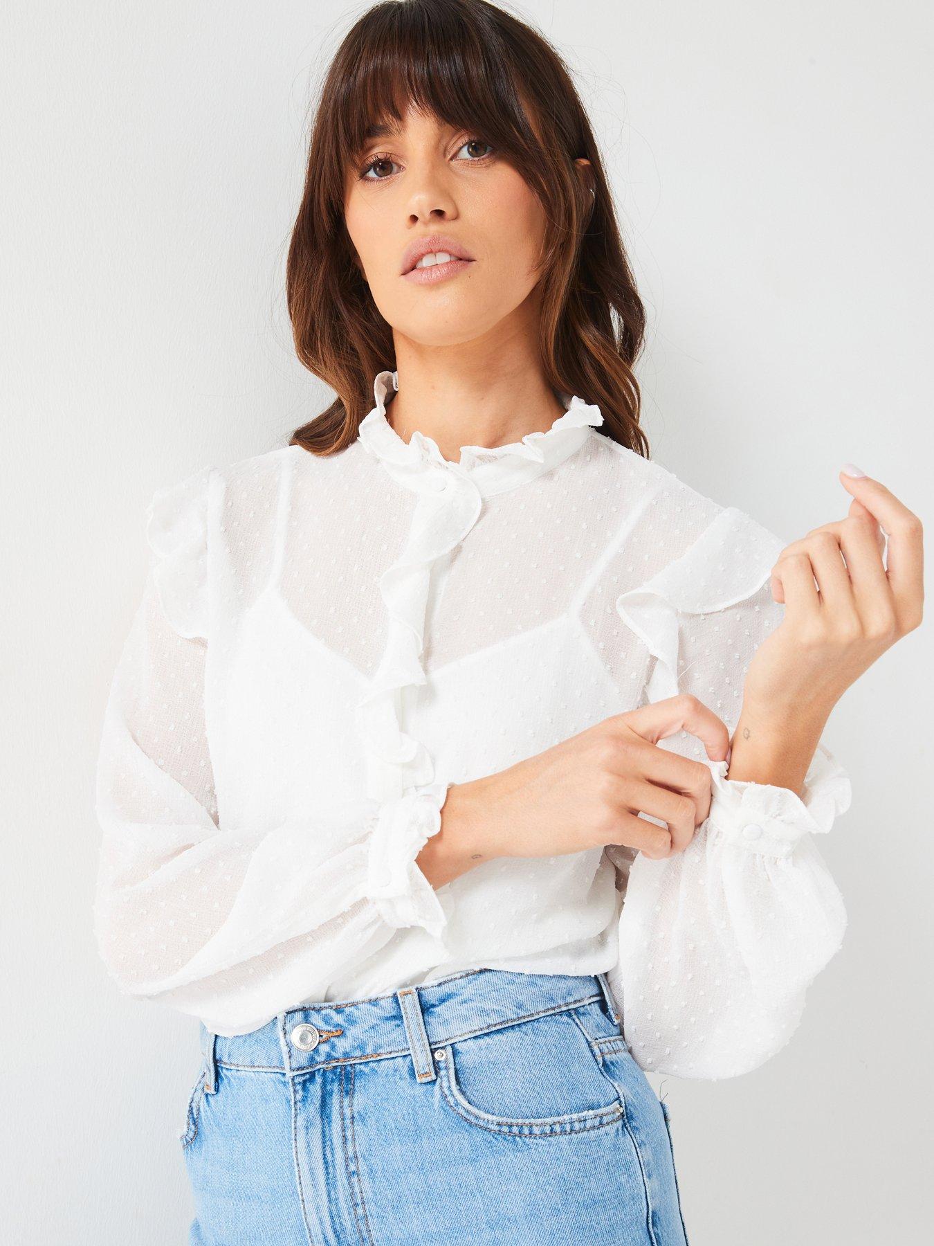 V by Very Dobby Frill Long Sleeve Blouse White Littlewoods