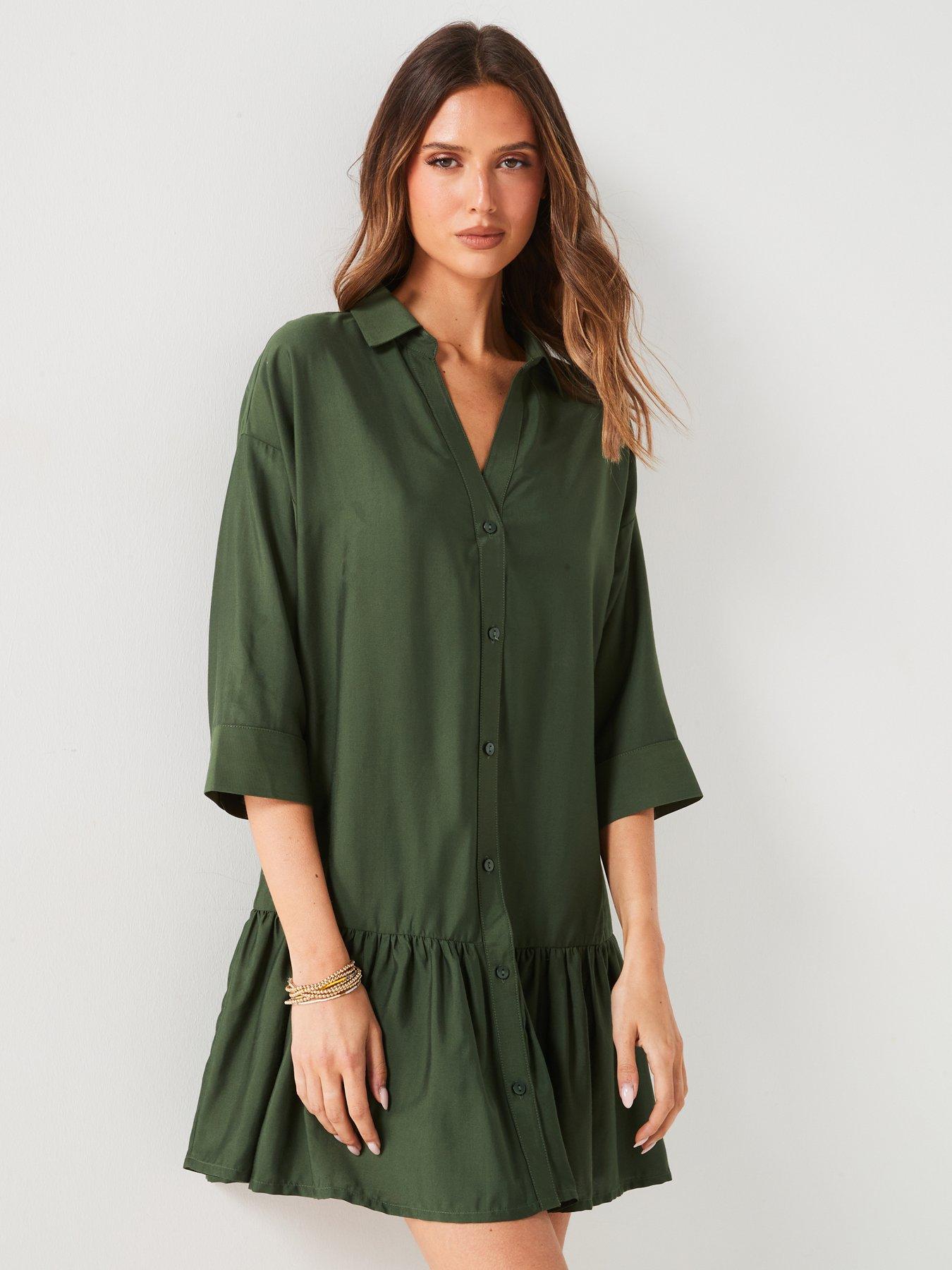  image of v-by-very-gatherednbsphemnbspmini-shirtnbspdress-khaki