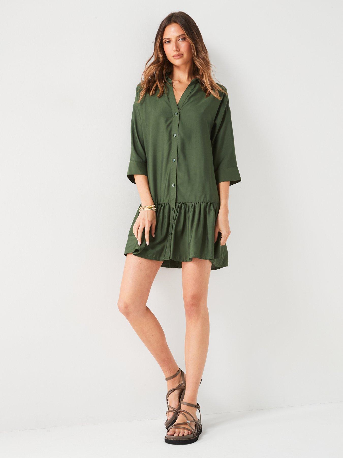  image of v-by-very-gatherednbsphemnbspmini-shirtnbspdress-khaki