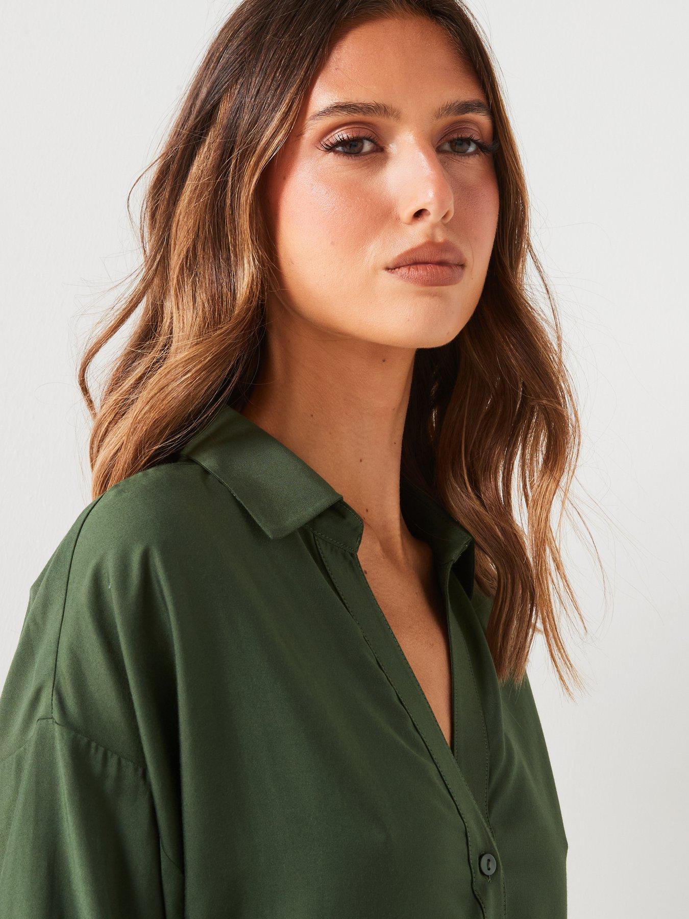  image of v-by-very-gatherednbsphemnbspmini-shirtnbspdress-khaki