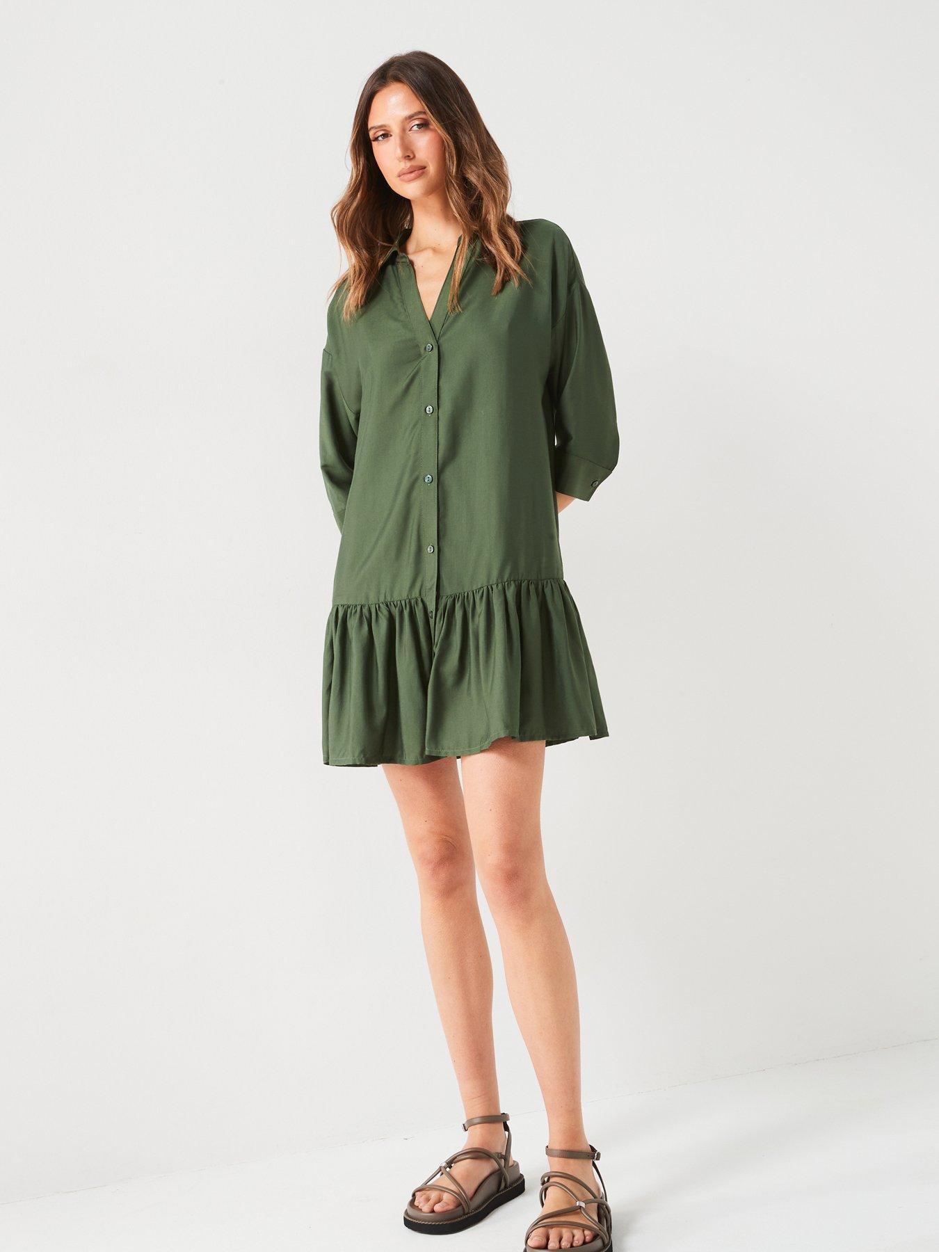  image of v-by-very-gatherednbsphemnbspmini-shirtnbspdress-khaki