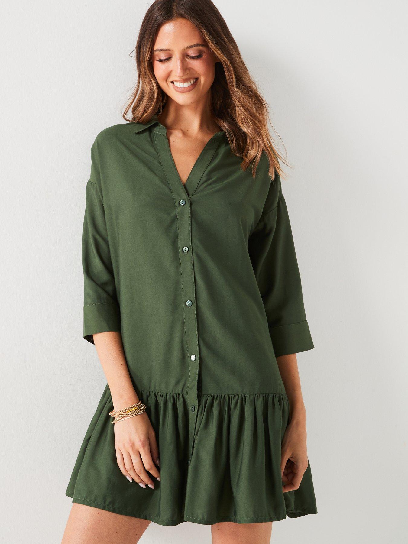  image of v-by-very-gatherednbsphemnbspmini-shirtnbspdress-khaki