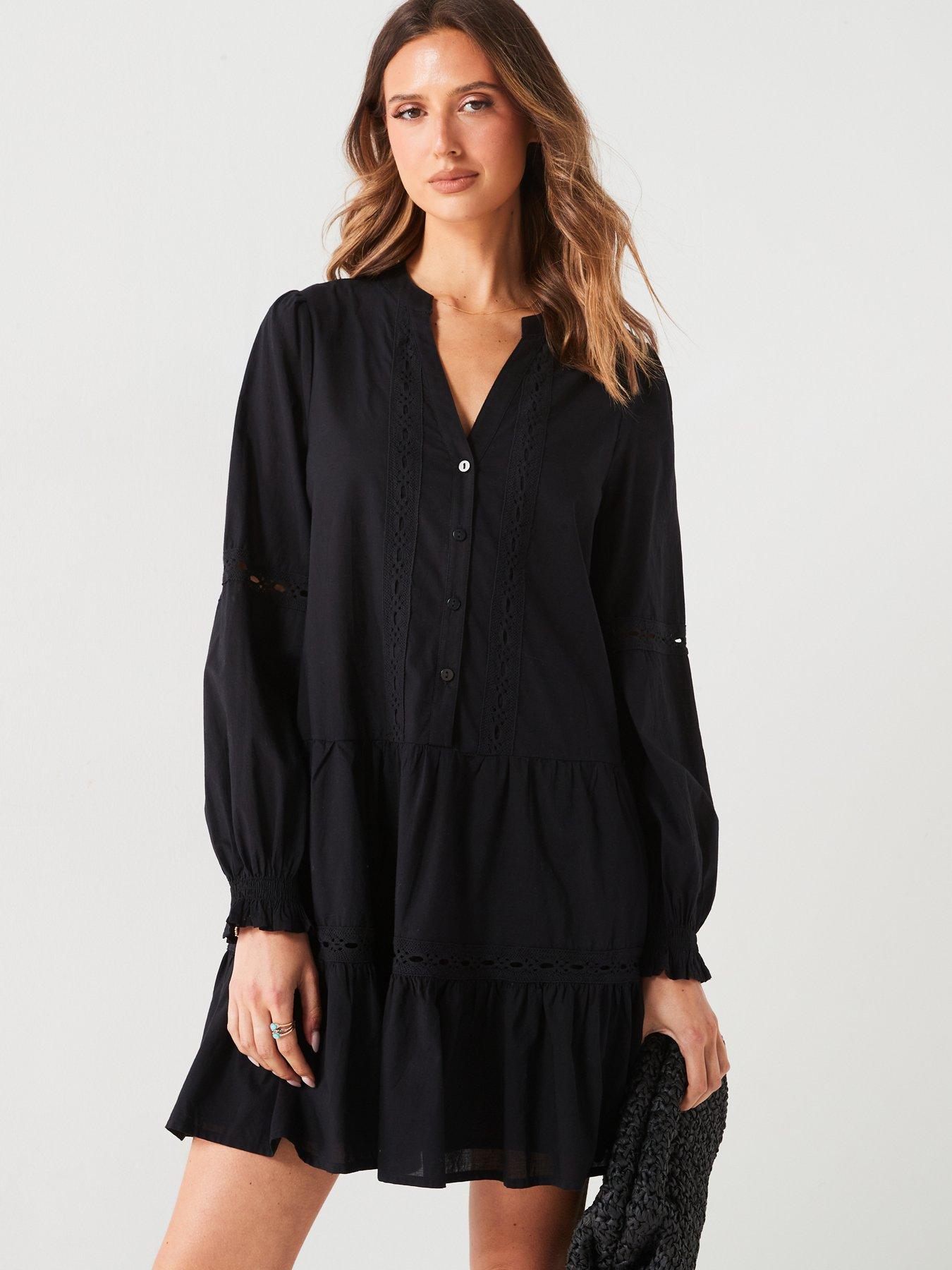 undefined Lace Trim Tiered Mini Dress - Black