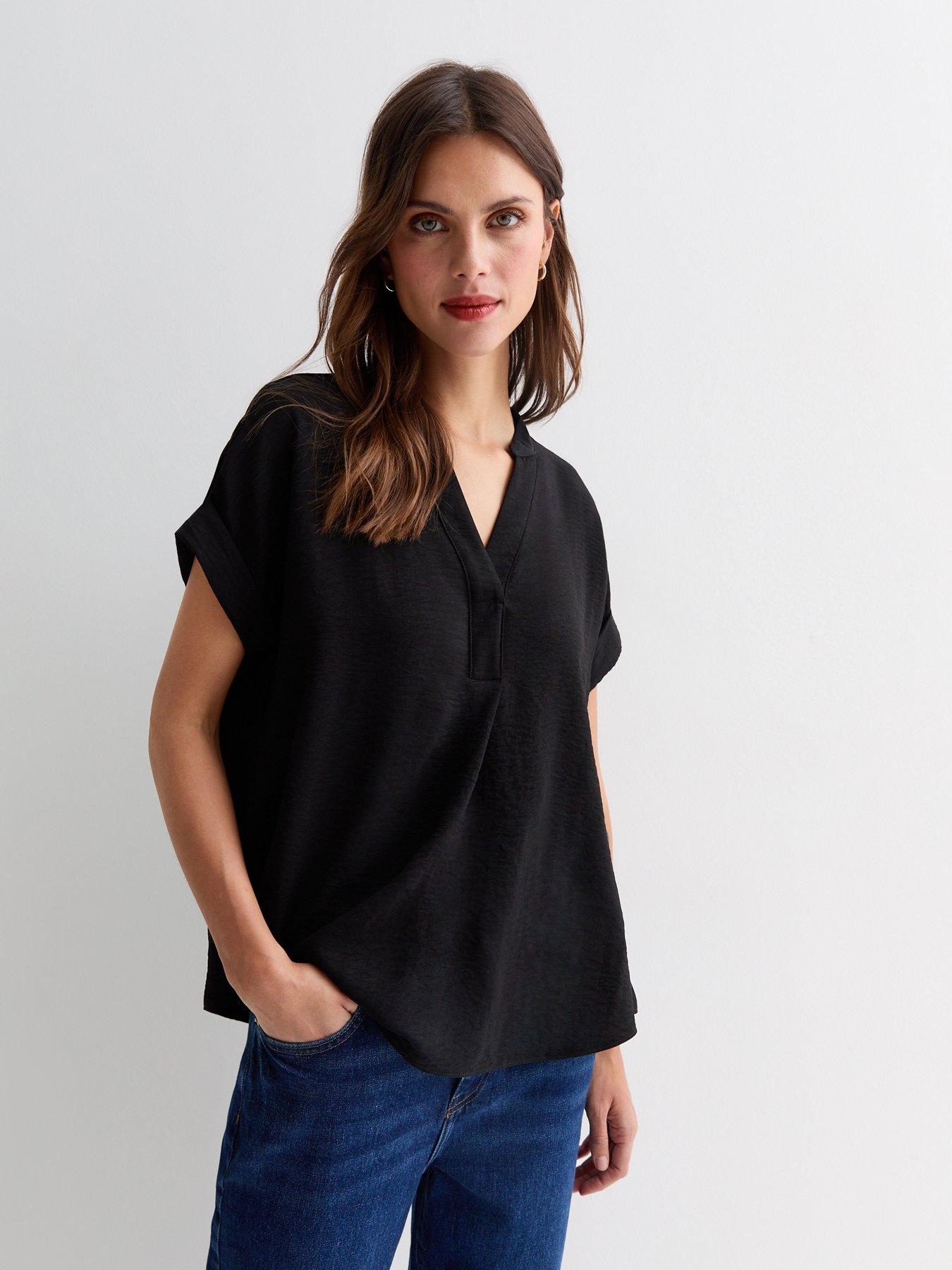undefined V Neck Roll Sleeve Top - Black