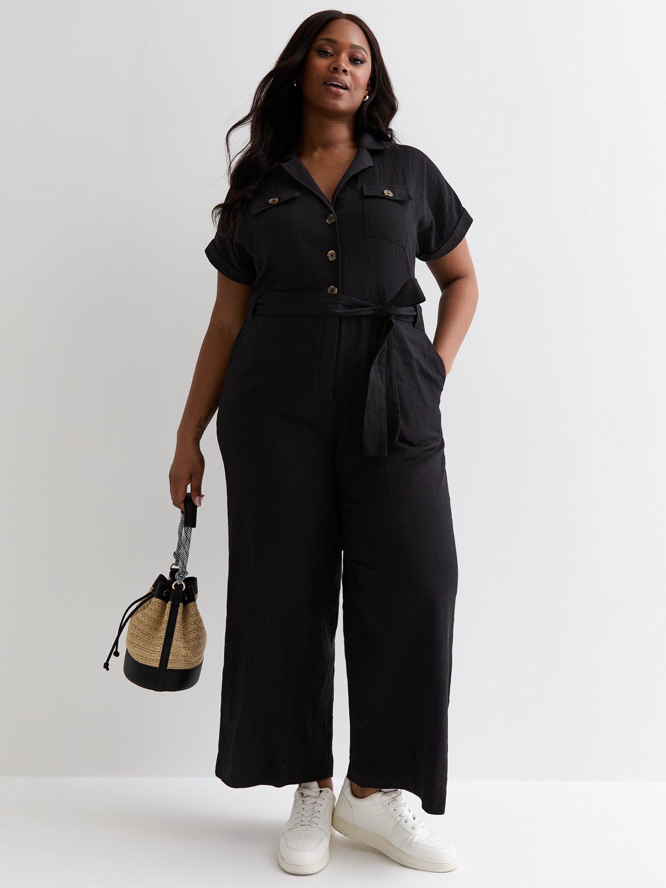 New Look Curves Black Cotton Belted Utility Jumpsuit littlewoods