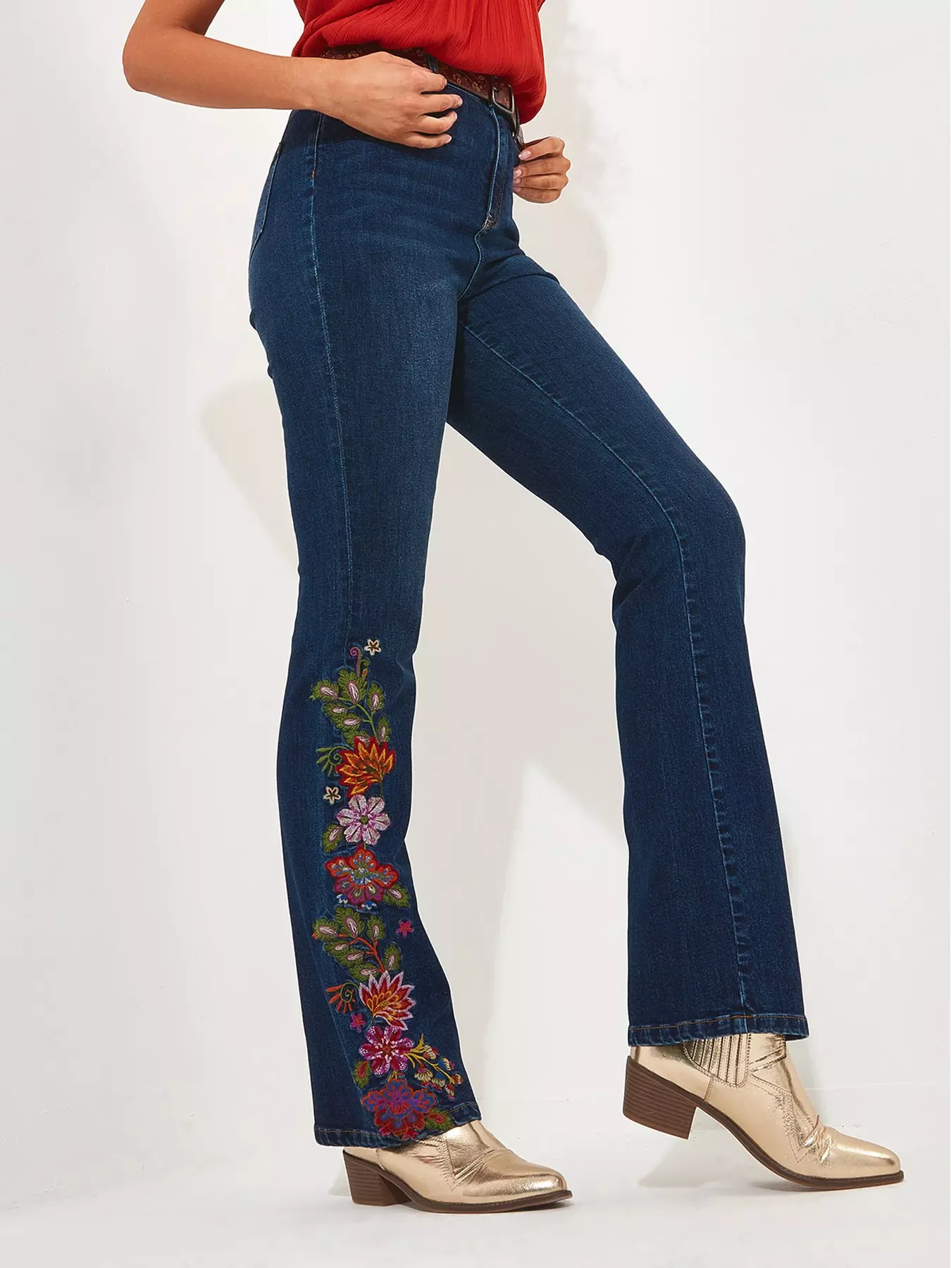 Driftwood Women's Medium Wash High Rise Floral Embroidered Stretch Flare  Jeans