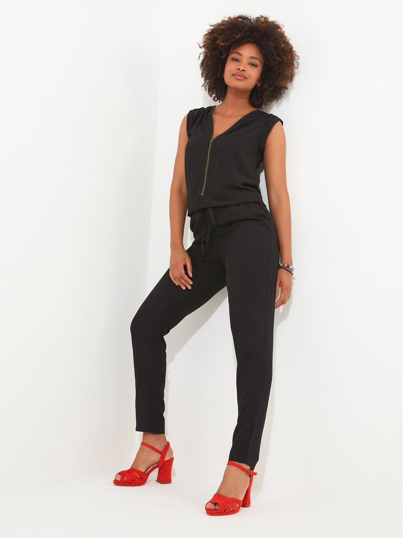 Petite Leaf Print Tie Waist Jersey Jumpsuit in Black