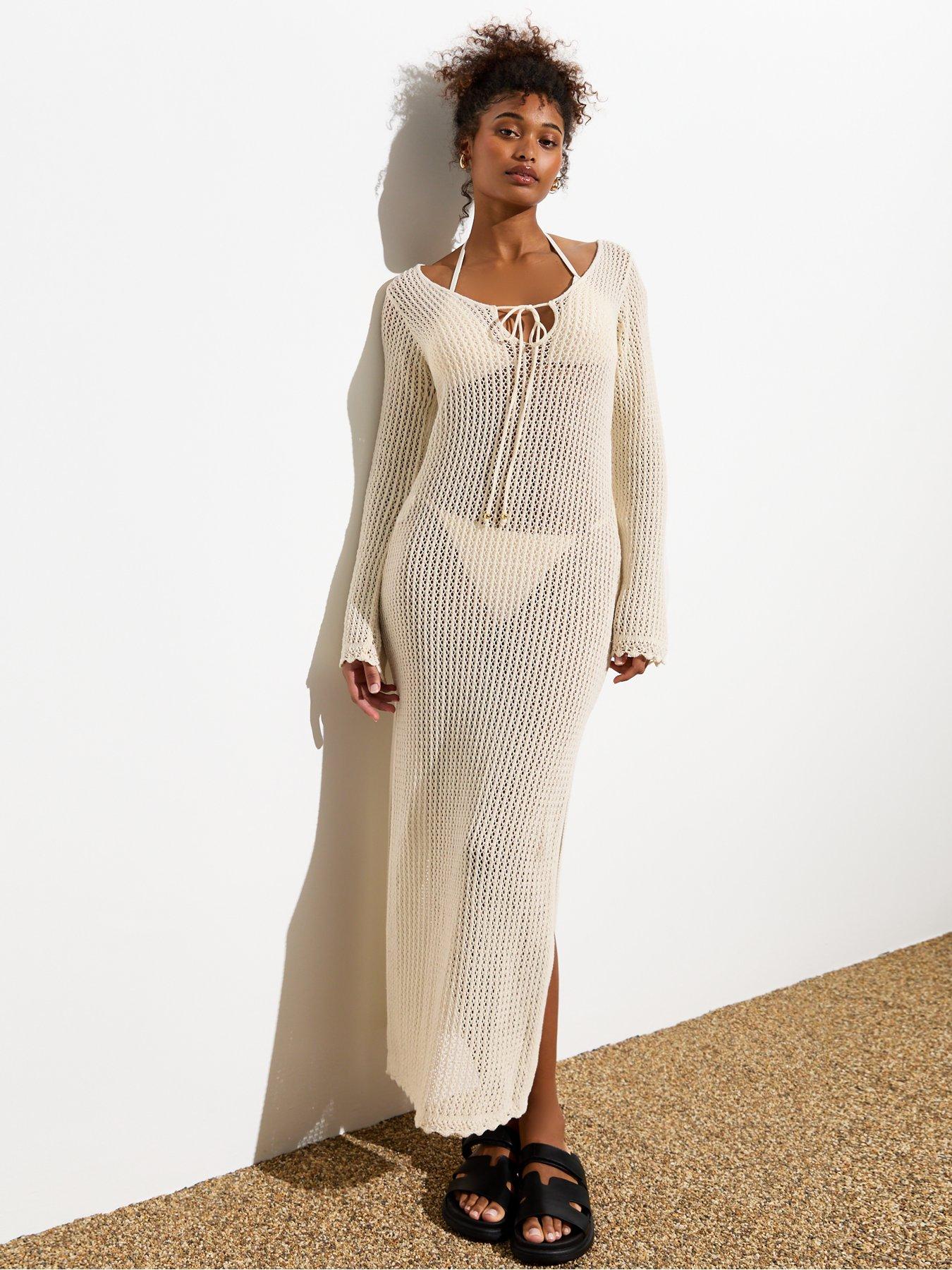 New Look Cream Crochet Knit Long Sleeve Split Hem Maxi Dress littlewoods