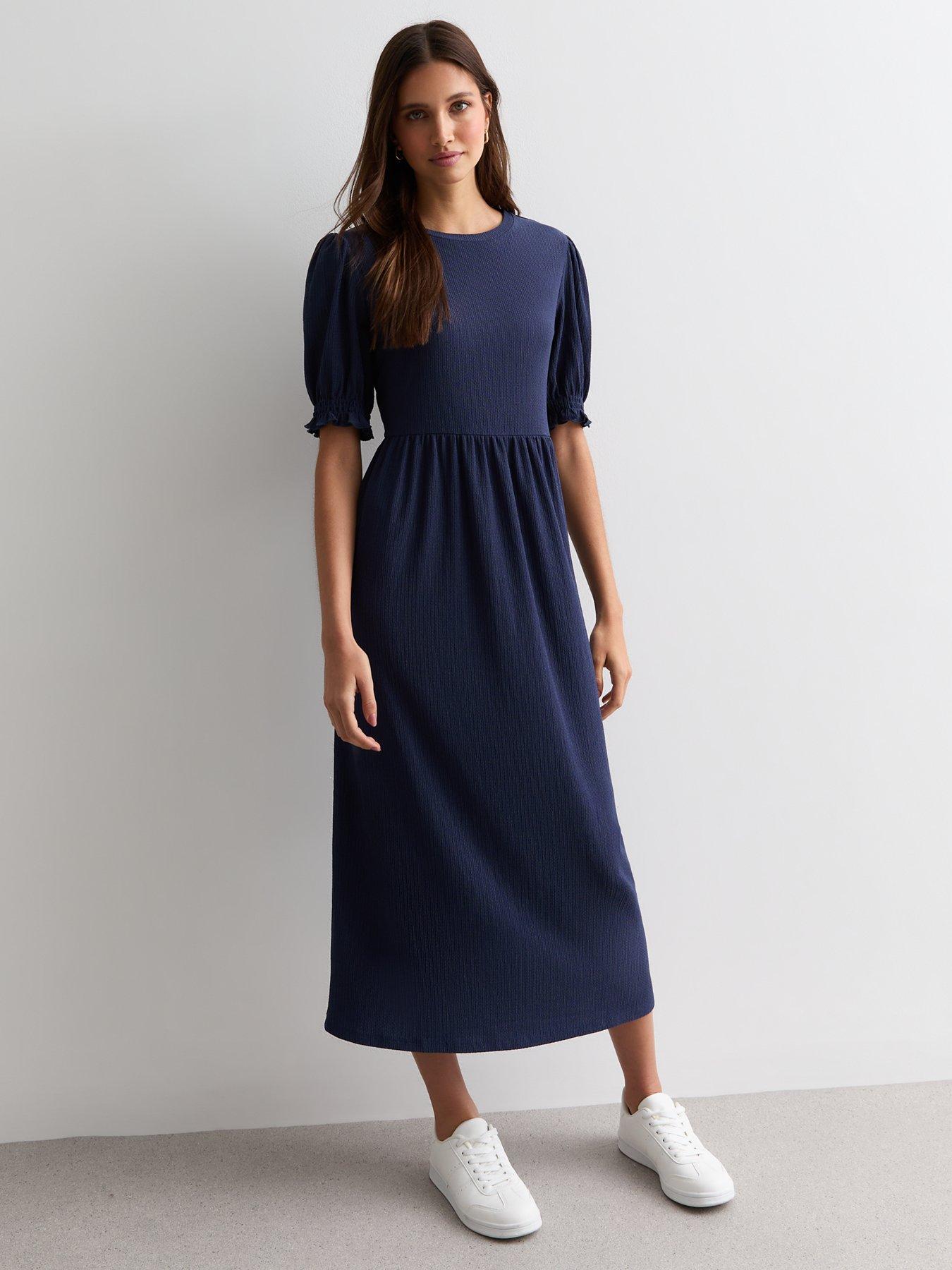 New Look Navy Crinkle Short Sleeve Midi Smock Dress | littlewoods.com
