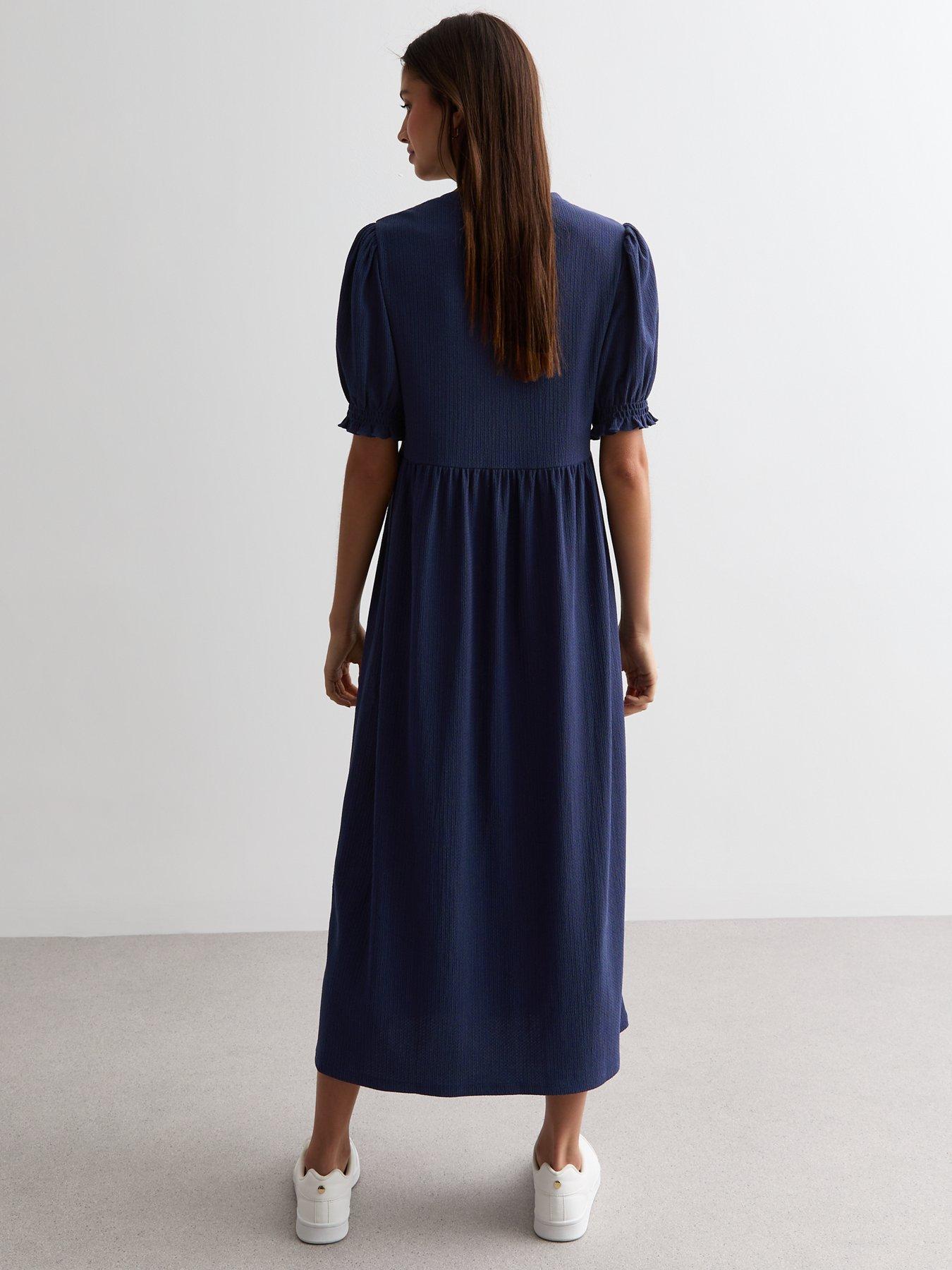 New Look Navy Crinkle Short Sleeve Midi Smock Dress | littlewoods.com
