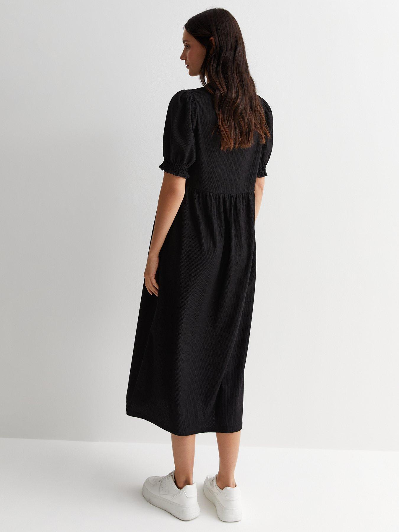 New Look Black Crinkle Short Sleeve Midi Smock Dress | littlewoods.com