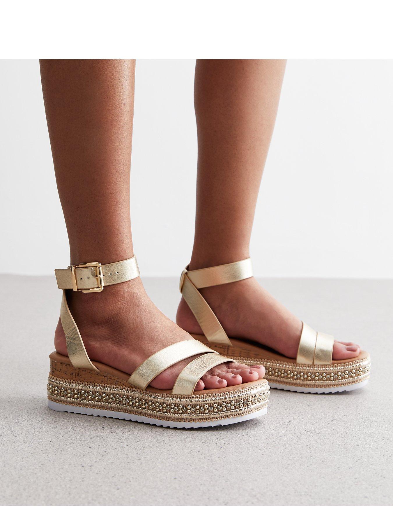 New Look Gold Leather look Embellished Flatform Sandals littlewoods