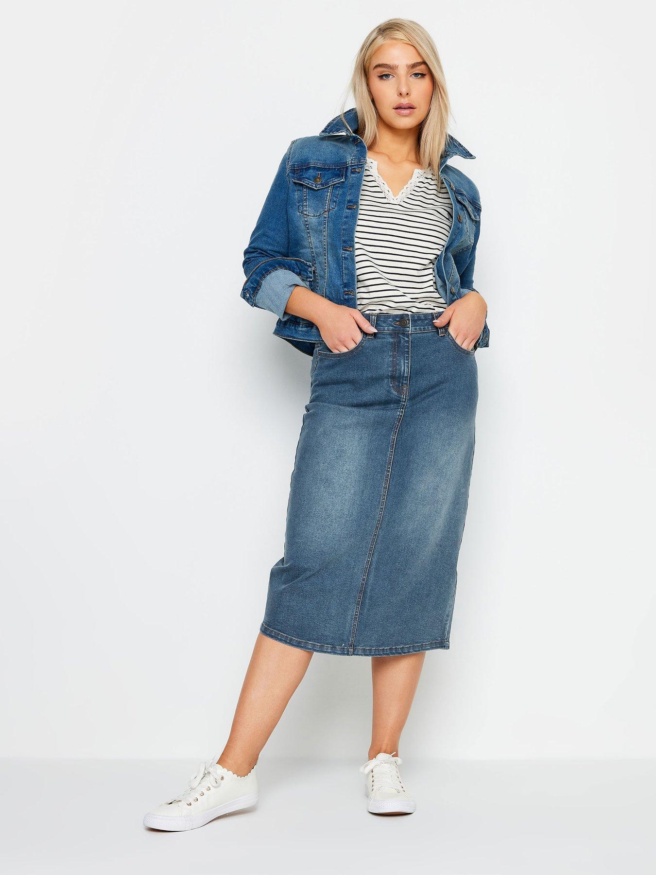  image of mco-petite-petite-midwash-midi-denim-skirt