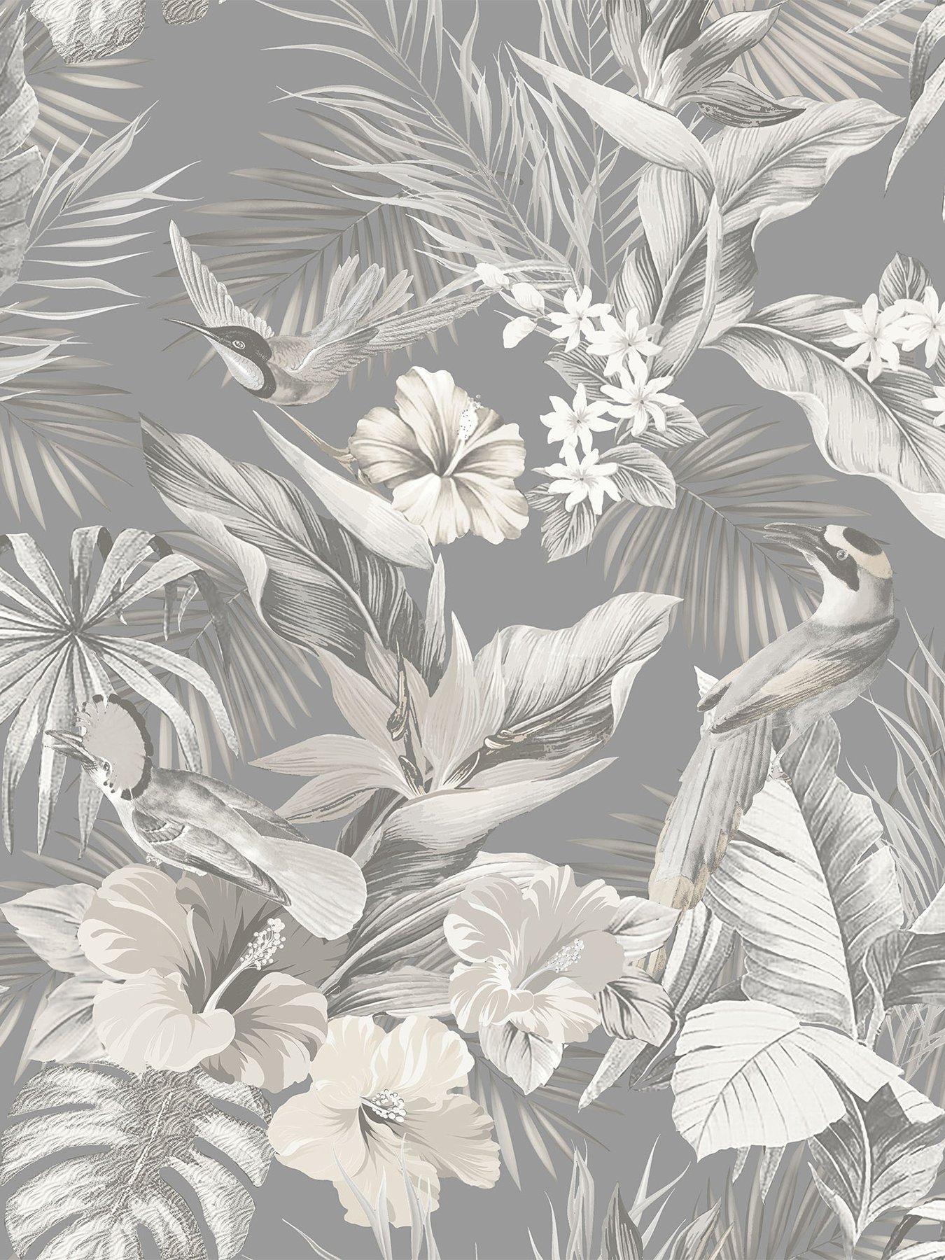  image of rasch-paradise-birds-wallpaper-grey