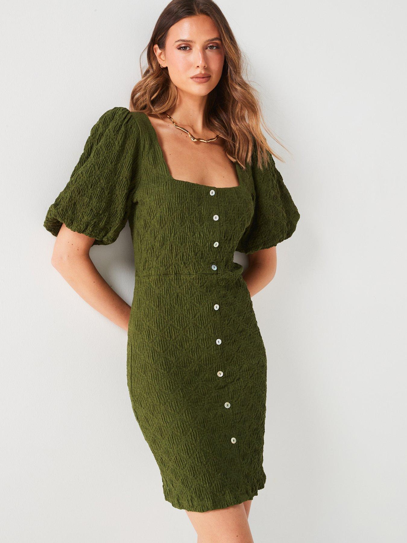 Image 1 of 6 of V by Very Square Neck Puff Sleeve Mini Dress - Khaki