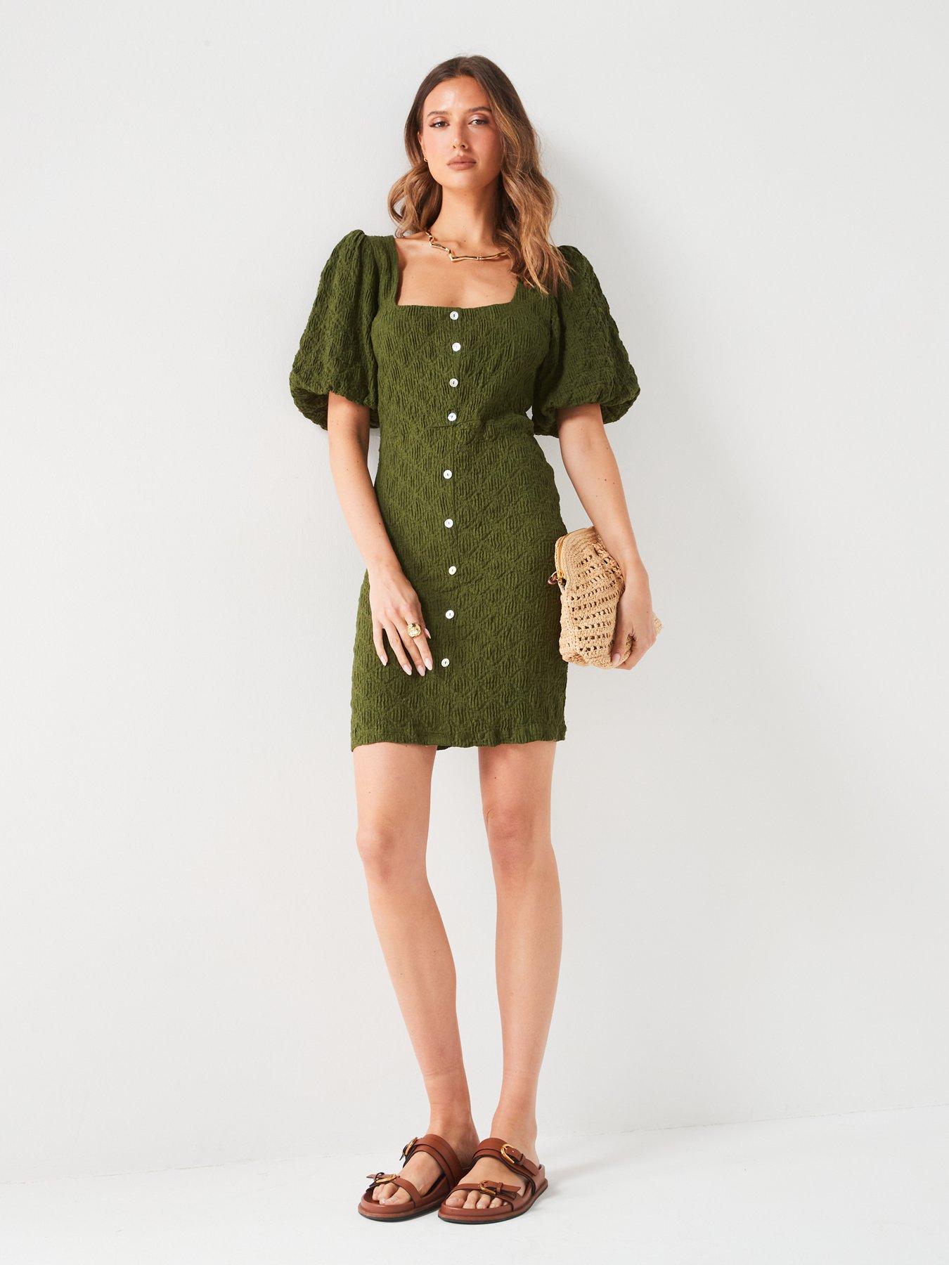 Image 3 of 6 of V by Very Square Neck Puff Sleeve Mini Dress - Khaki