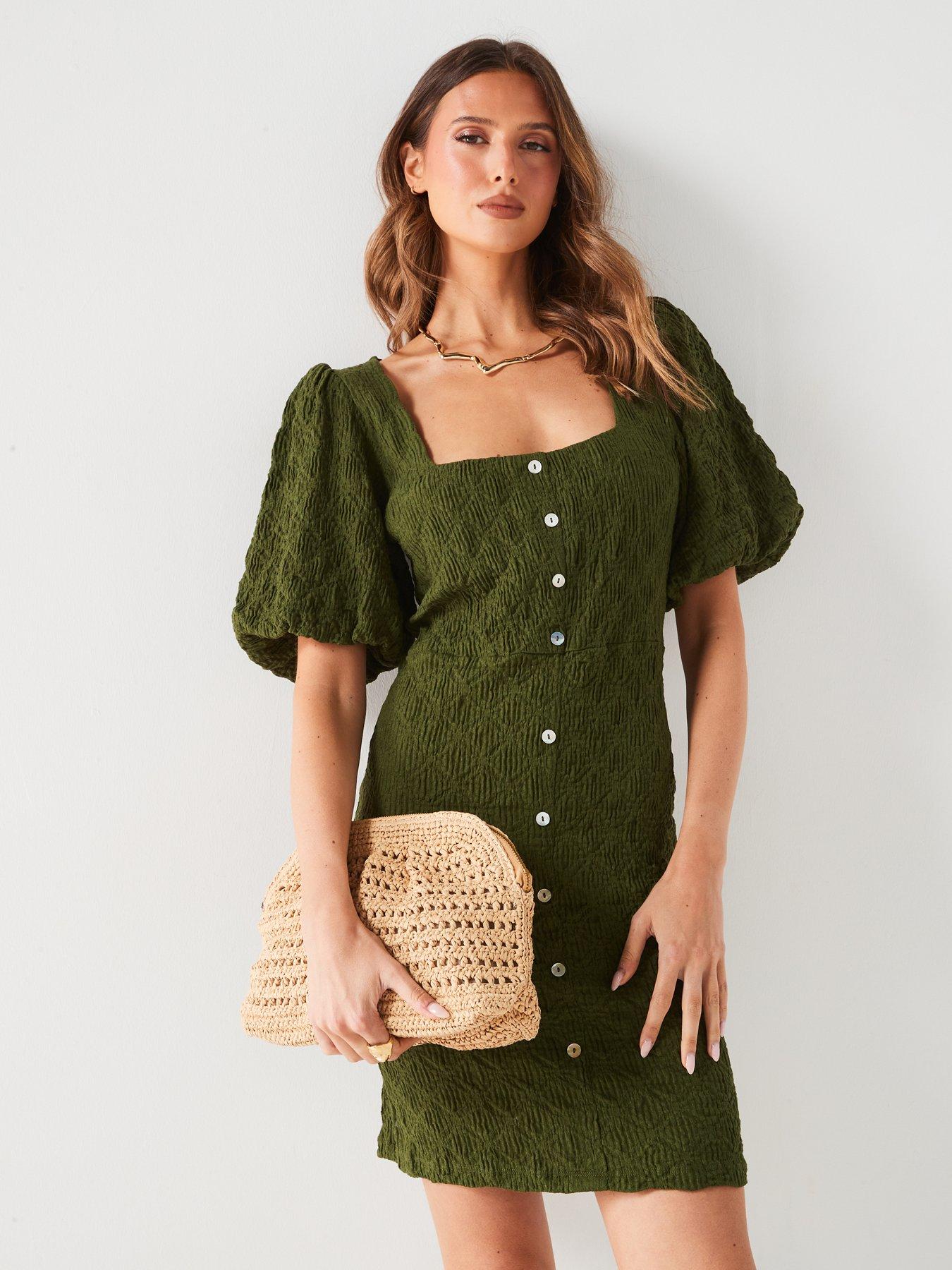 Image 5 of 6 of V by Very Square Neck Puff Sleeve Mini Dress - Khaki