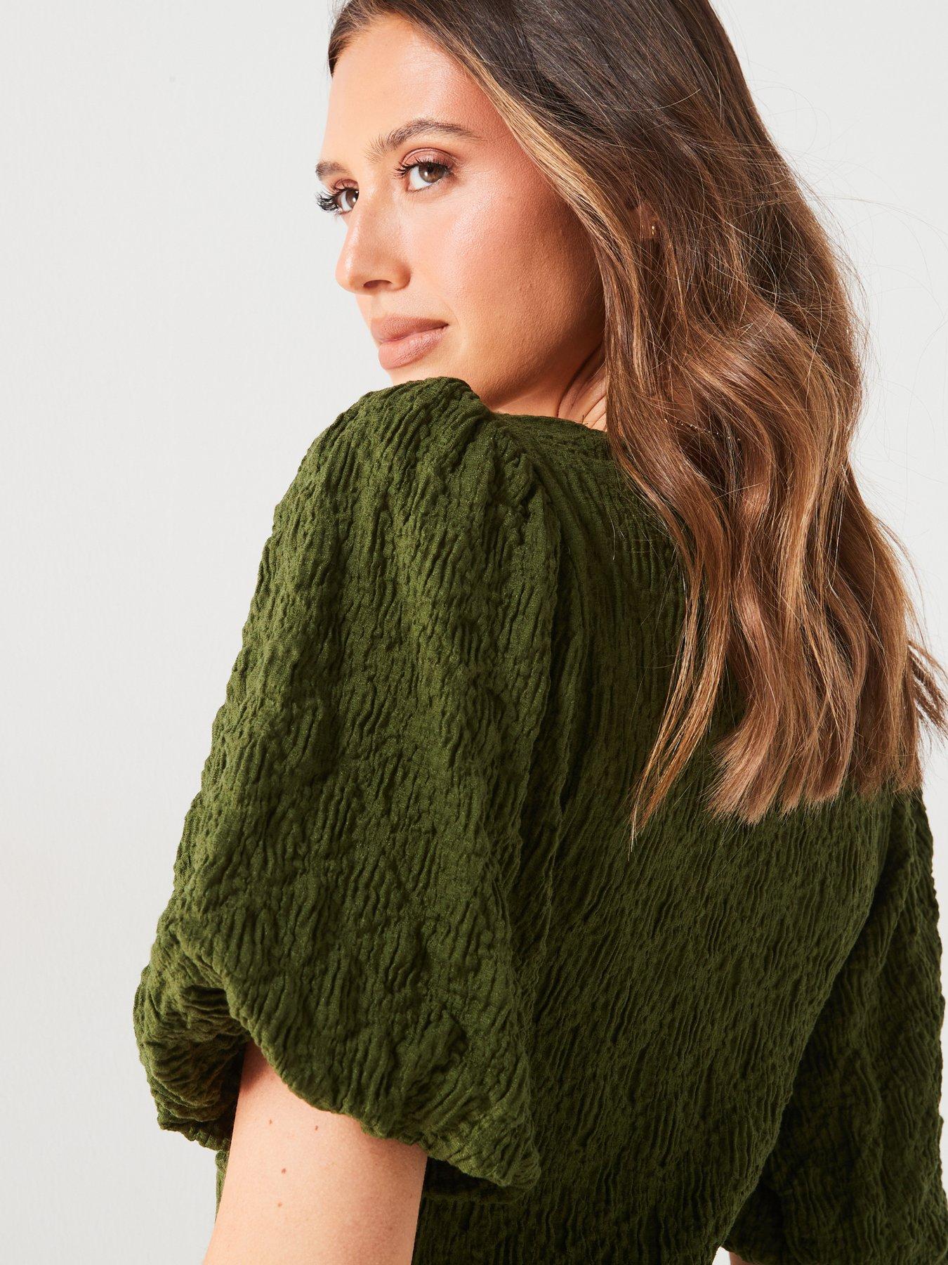 Image 6 of 6 of V by Very Square Neck Puff Sleeve Mini Dress - Khaki
