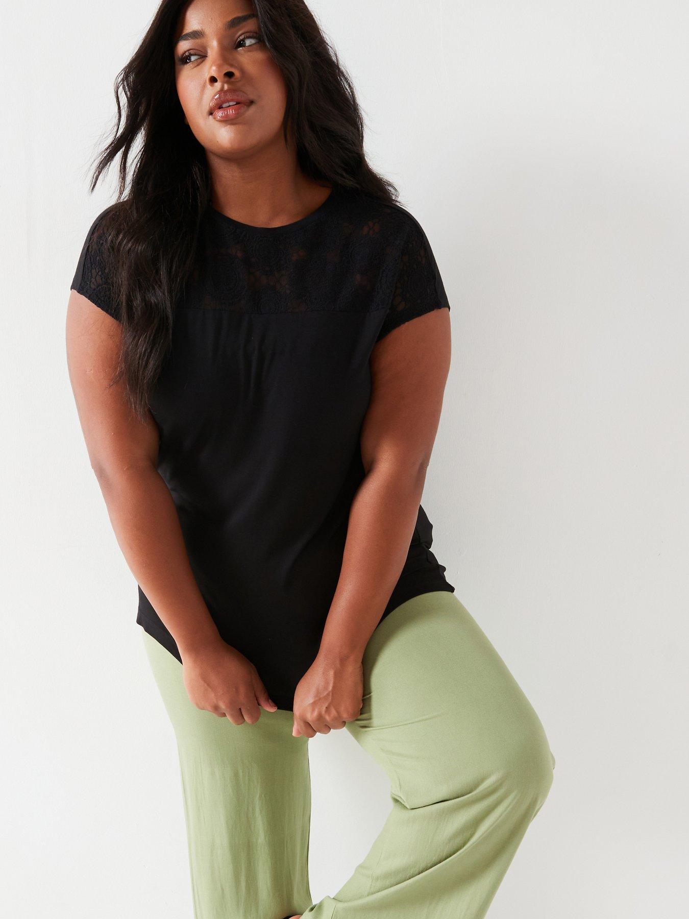 Image 4 of 5 of V by Very Curve Lace Yoke T-Shirt - Black