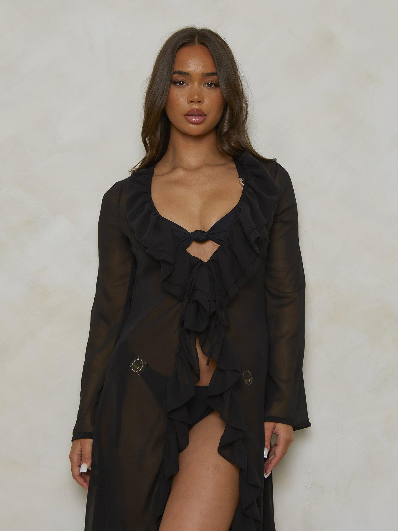 Image 1 of 4 of Moda Minx Ruffle Maxi Kimono - Black&nbsp;&nbsp;