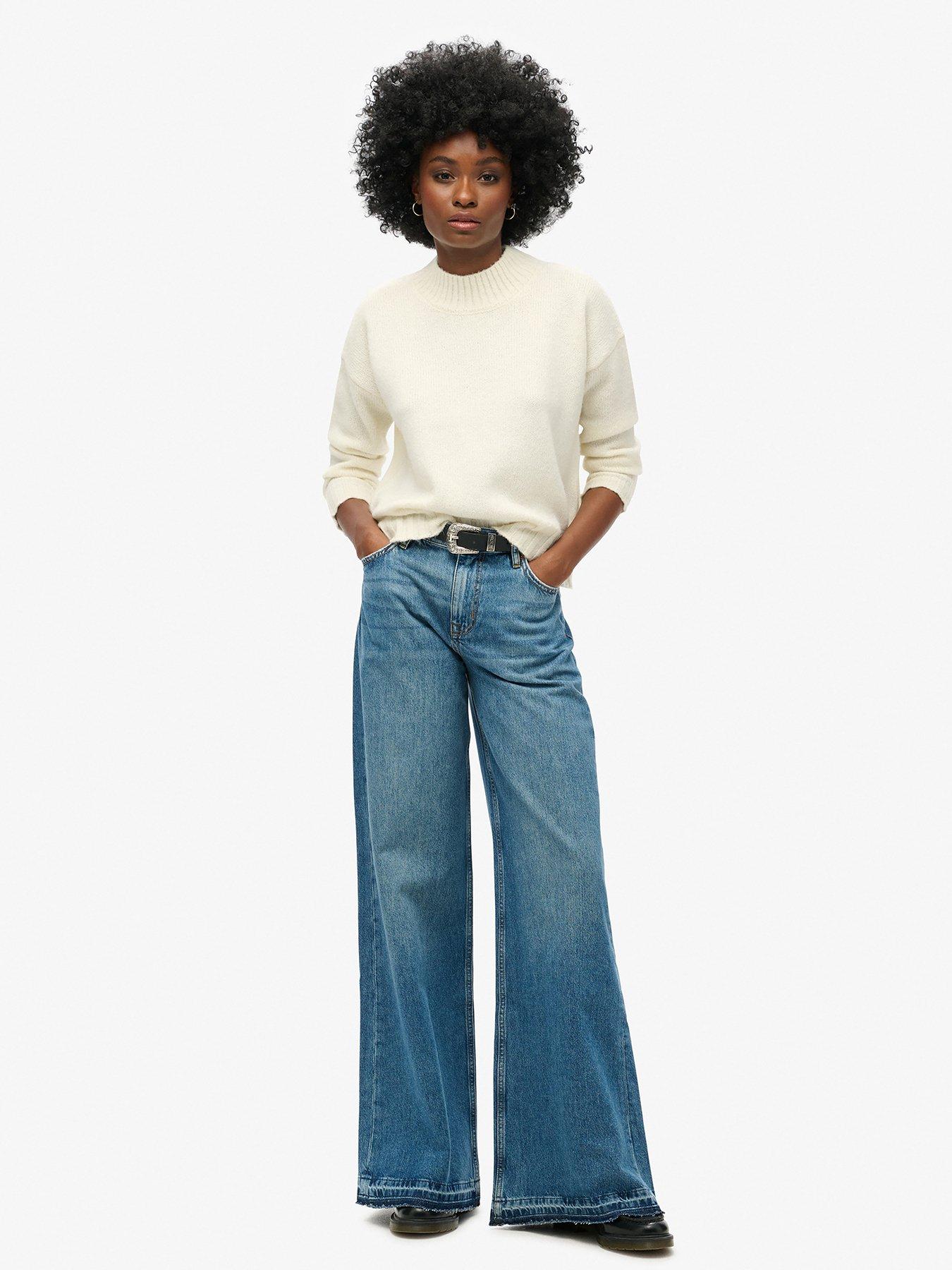 undefined Raw Hem Wide Leg Flare Jeans - Blue