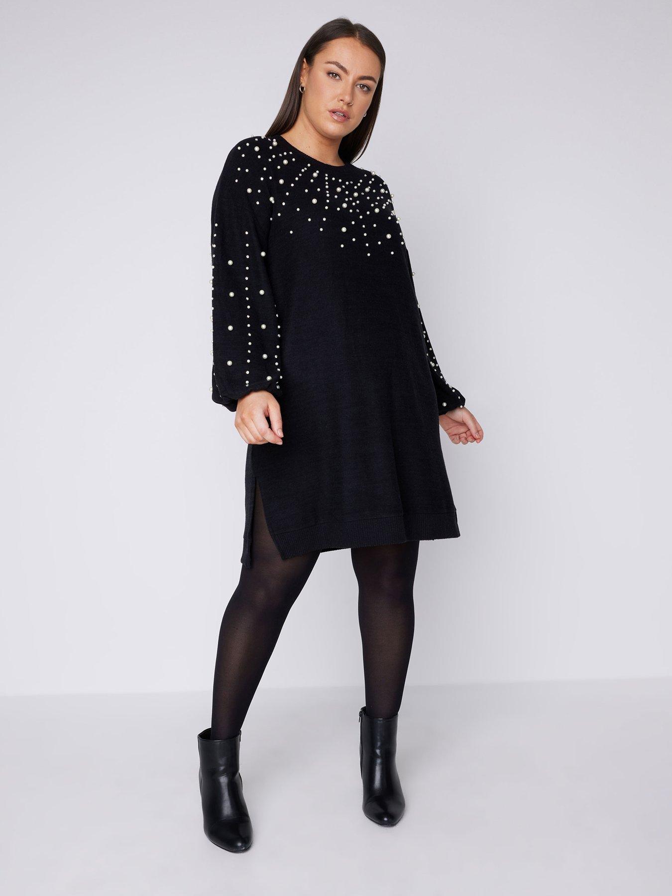 Evans Curve Pearl Embellished Jumper Dress Black littlewoods
