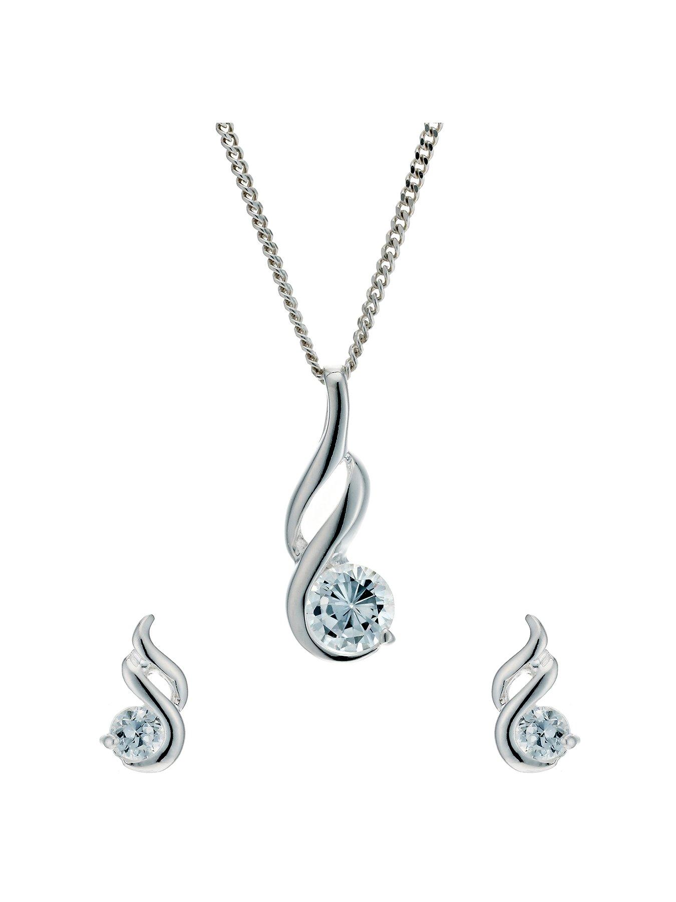 undefined Sterling Silver Necklace. Cubic Zirconia Earrings  &  Pendant Set